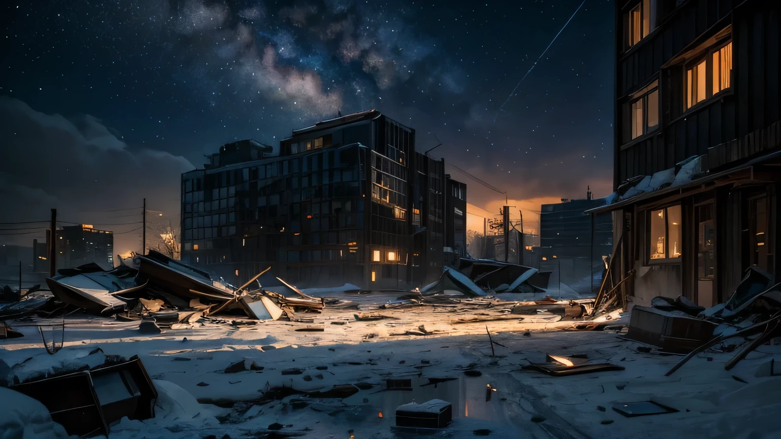 Dramatic lighting, chiaroscuro, post-apocalyptic, view from ground level, lifeless, piles of rubble, bits of buildings, ground made of glass, tall glass splinters poking up, human skulls mounted on wooden posts, debris, deep snow over glass, starry sky at dusk