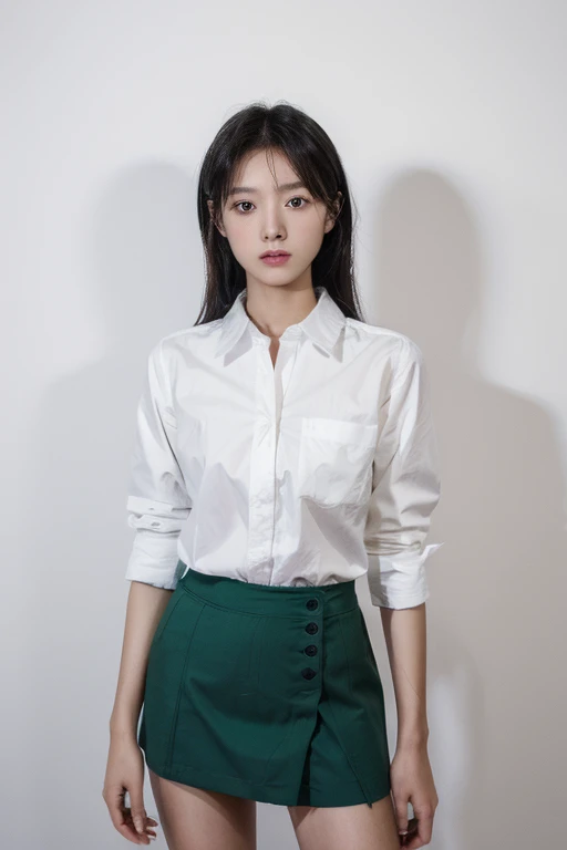 highest quality、masterpiece、High sensitivity、High resolution、Slim Body、Green mini skirt、white round collar shirt、pumps、