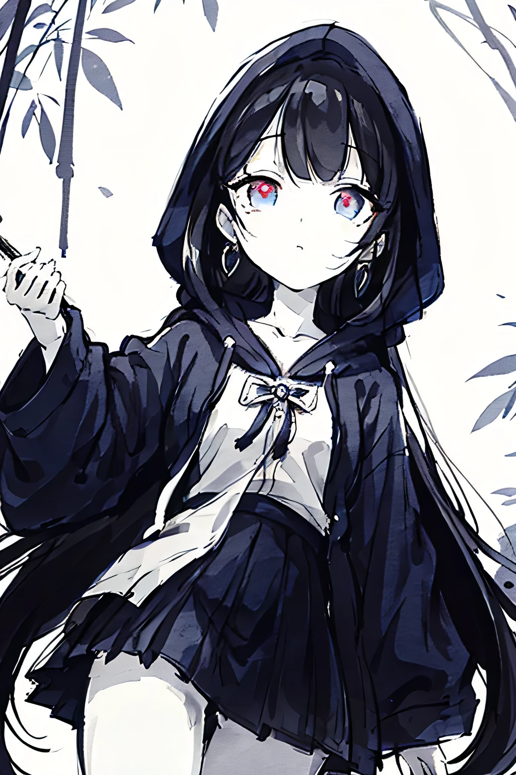 ((highest quality)), ((masterpiece)), (detailed), 4K quality、Monochrome、Black and White、Mysterious Girl、One girl,Tall girls、hoodie、mini skirt、Patterned hood、Hood worn、Bob Hair、blue eyes、Glowing Eyes、Hanging eyes、Tanabata earrings、Holding a bamboo fish cake、Beautiful Face、Black Hair、Black and White Background、Cowboy Shot、front