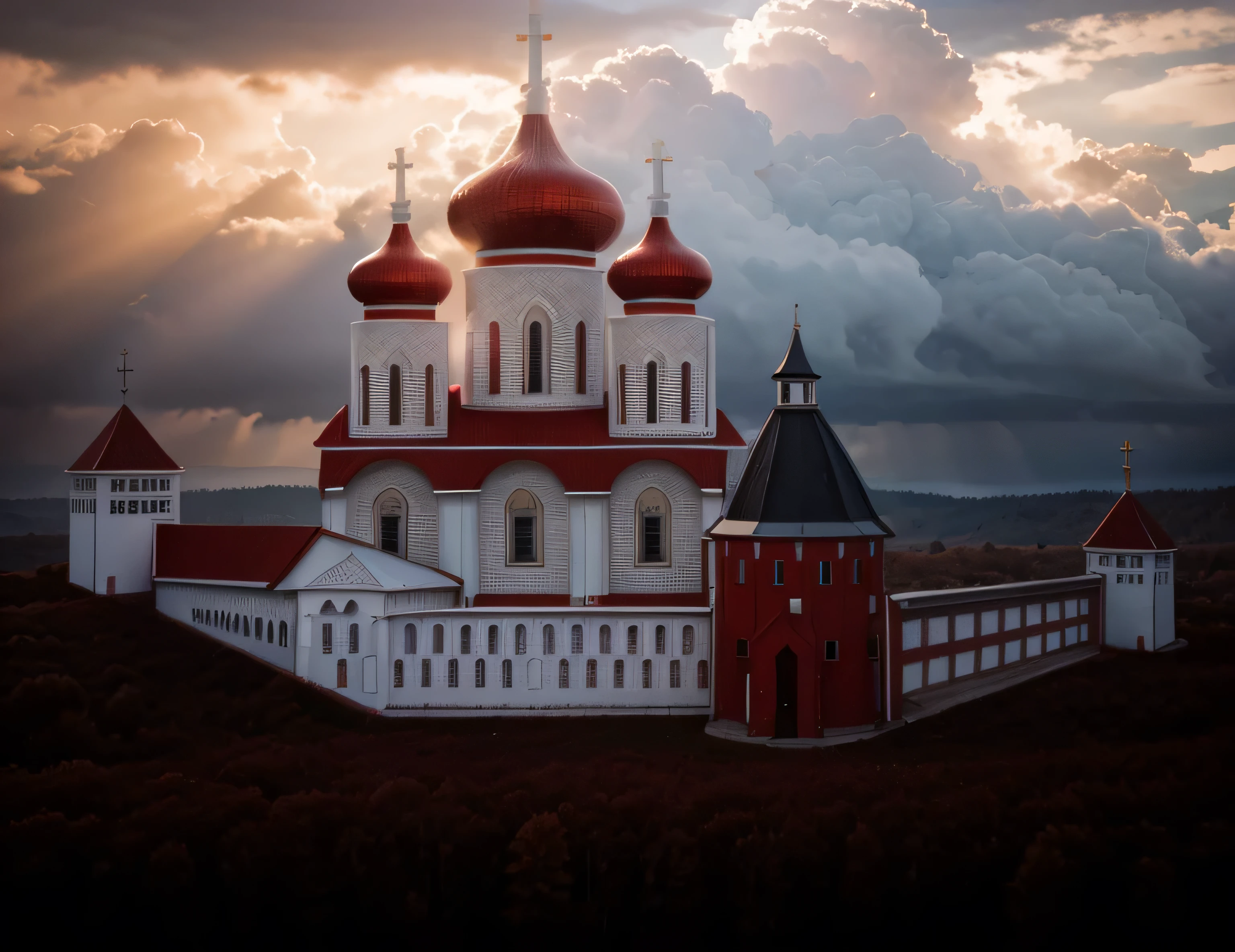 realisic red church, white windows, forest, clouds