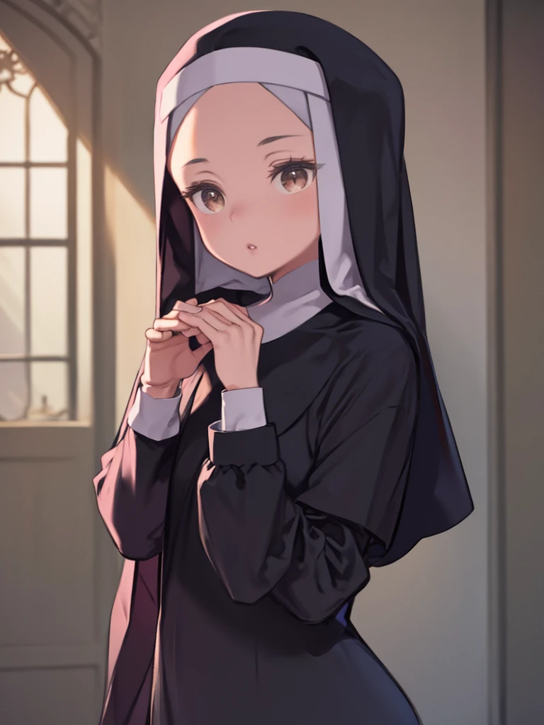 masterpiece, Very detailed, One girl, Blurred:0.8, Blurred background:0.5, Brown eyes:0.8, cross:0.6, Depth of written boundary:0.7, dress:0.7, habit:0.7, lips:0.7, Long sleeve:0.7, Nuns:0.8, with own hands:0.8, Realistic:0.9, alone:0.9