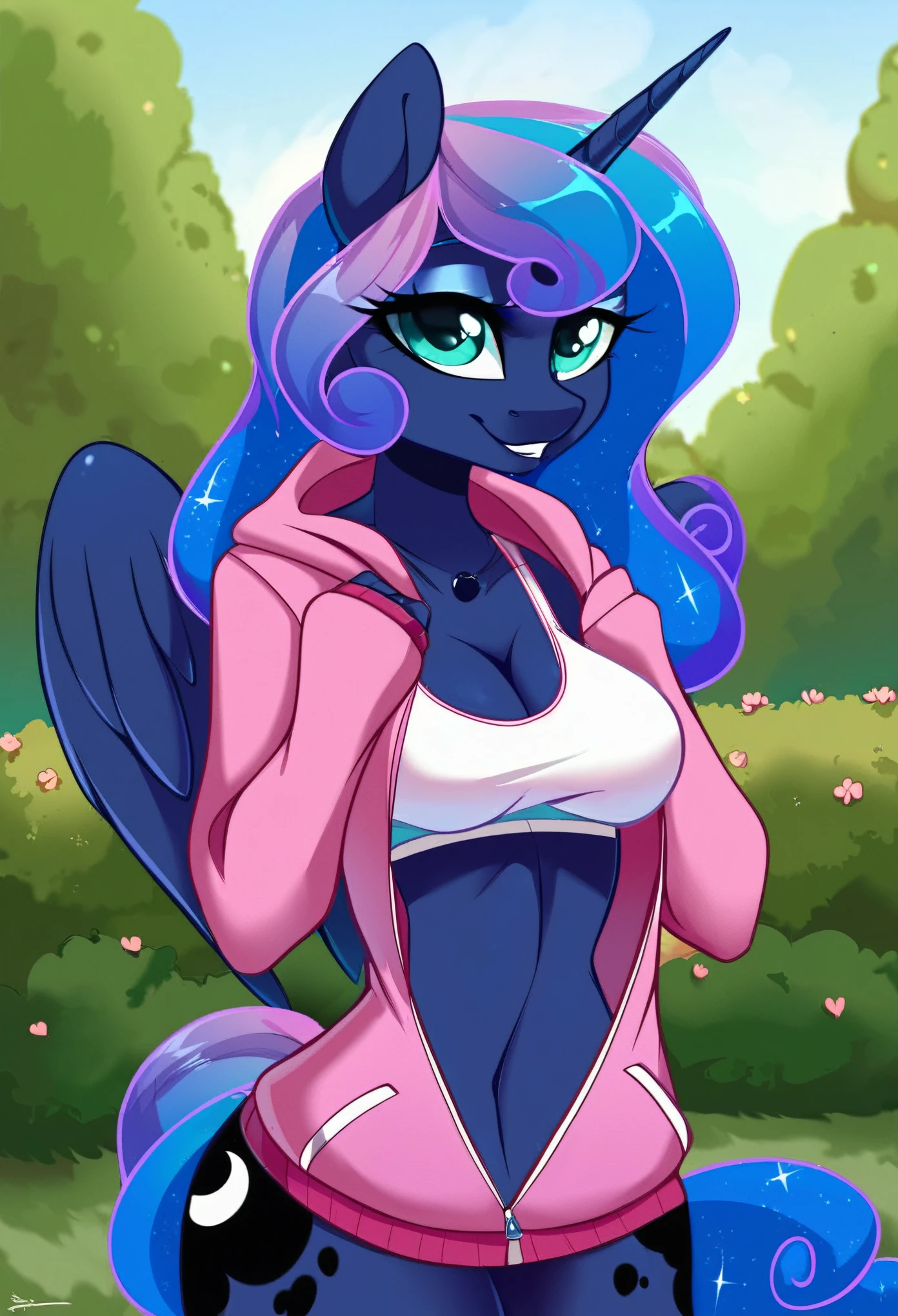 (score_9), (source_pony), (solo), ((anthro flurry heart fusion merged princess Luna 1.5)), open garden, (sports bra with open hoodie), looking at you, cleavage, sexy, sensual, looking at viewer, (cartoon artstyle), (high detail shading