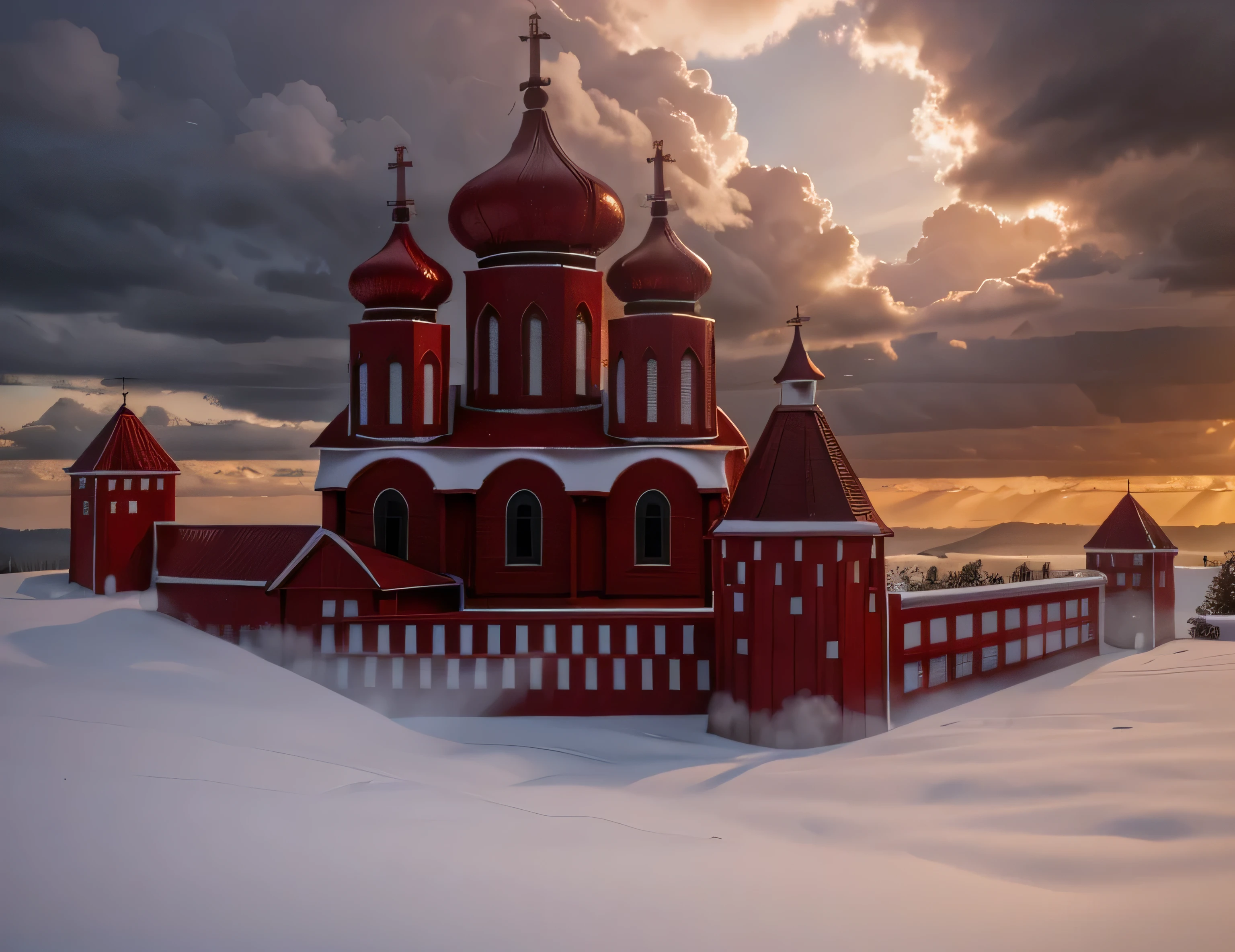 realisic red church, white windows, forest, clouds