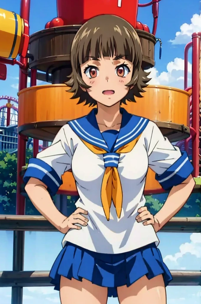 (masterpiece:1.3),(highest quality:1.4),(Super detailed:1.5),8K,High resolution,an extremely delicate and beautiful,Official Art,Perfect Anatomy,(anime_screencap:1.11),(90s Anime,90s Anime style,Cel-shaded anime:1.17),
anime coloring,detailed face and eyes, (solo:1.5),(anmnr:1.1),((ekitokuwz:1.52)),(school uniform:1.3),serafuku,short brown hair, pleated skirt, blue skirt, brown eyes, yellow neckerchief, short sleeves, japanese architecture,
smile, Open your mouth, Hands on hips, (amusement park:1.5), Cowboy Shot,