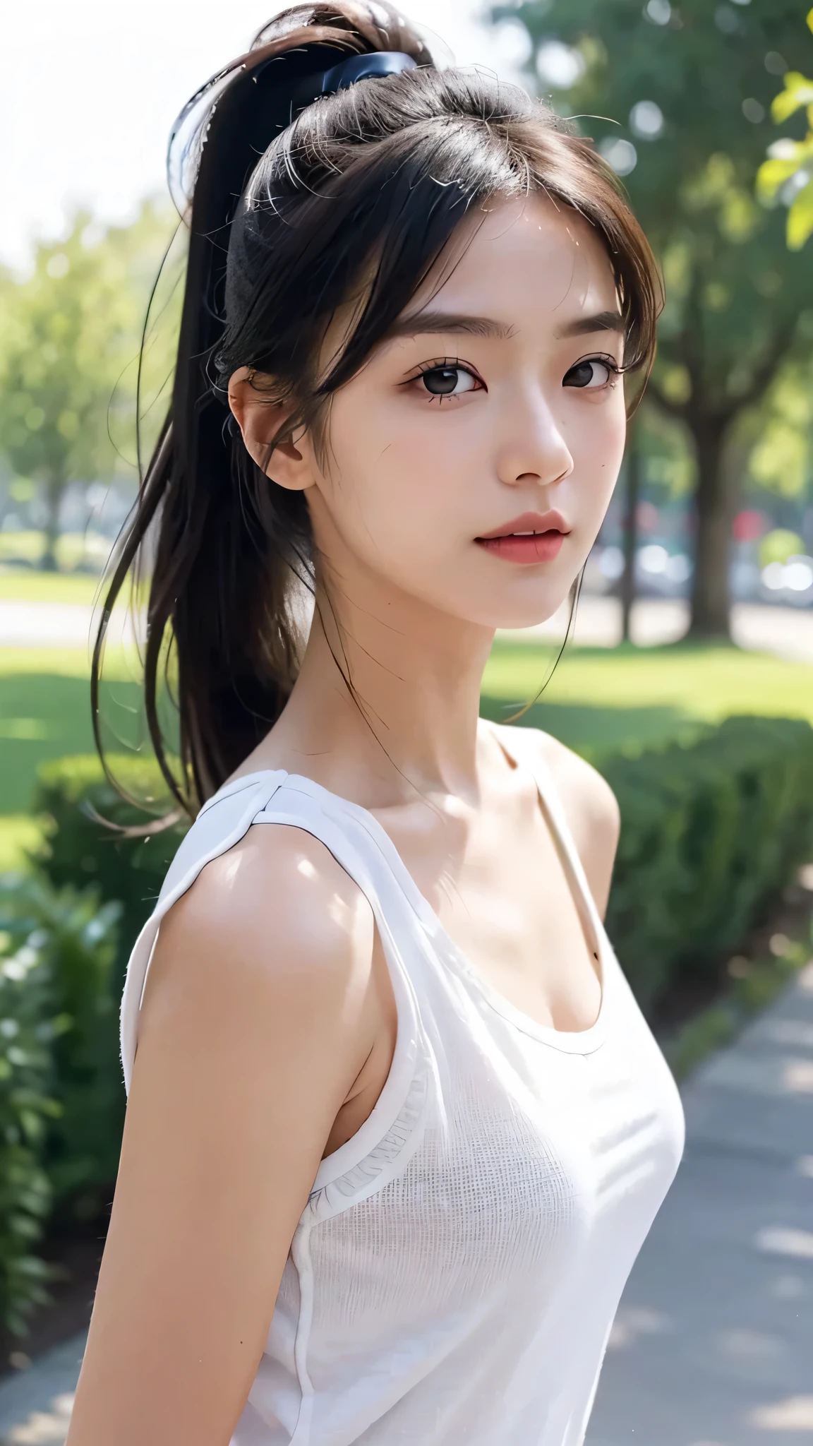 White shirt,jeans,outdoors,Urban Park,On the lawn,One woman,close up face,fully body photo,masutepiece, The highest image quality, High quality, the background is clear，Beautiful woman, Japanese, Detailed, Ultra-detailed, finely detail, hight resolution, 8K Wallpaper, Perfect dynamic composition, Beautiful detailed eyes ,Detailed eyes, Detailed skin, Beautiful skin, 超hight resolution, (reality: 1.4),Very beautiful woman, Slightly younger face, Beautiful skin, slender, (Ultra photo realsisim), (hight resolution), (8K), (Very detailed) (beautifully detailed eyes), (super detailed),   (Detailed face), view the viewer, Fine details, Detailed face, Staring straight ahead, Staring straight ahead, photos realistic, Bright lighting, Professional Lighting, Black hair,poneyTail,a baby face,sixteen years old,Hairstyle: ponytail,Long ponytail hairstyle,slight smile,