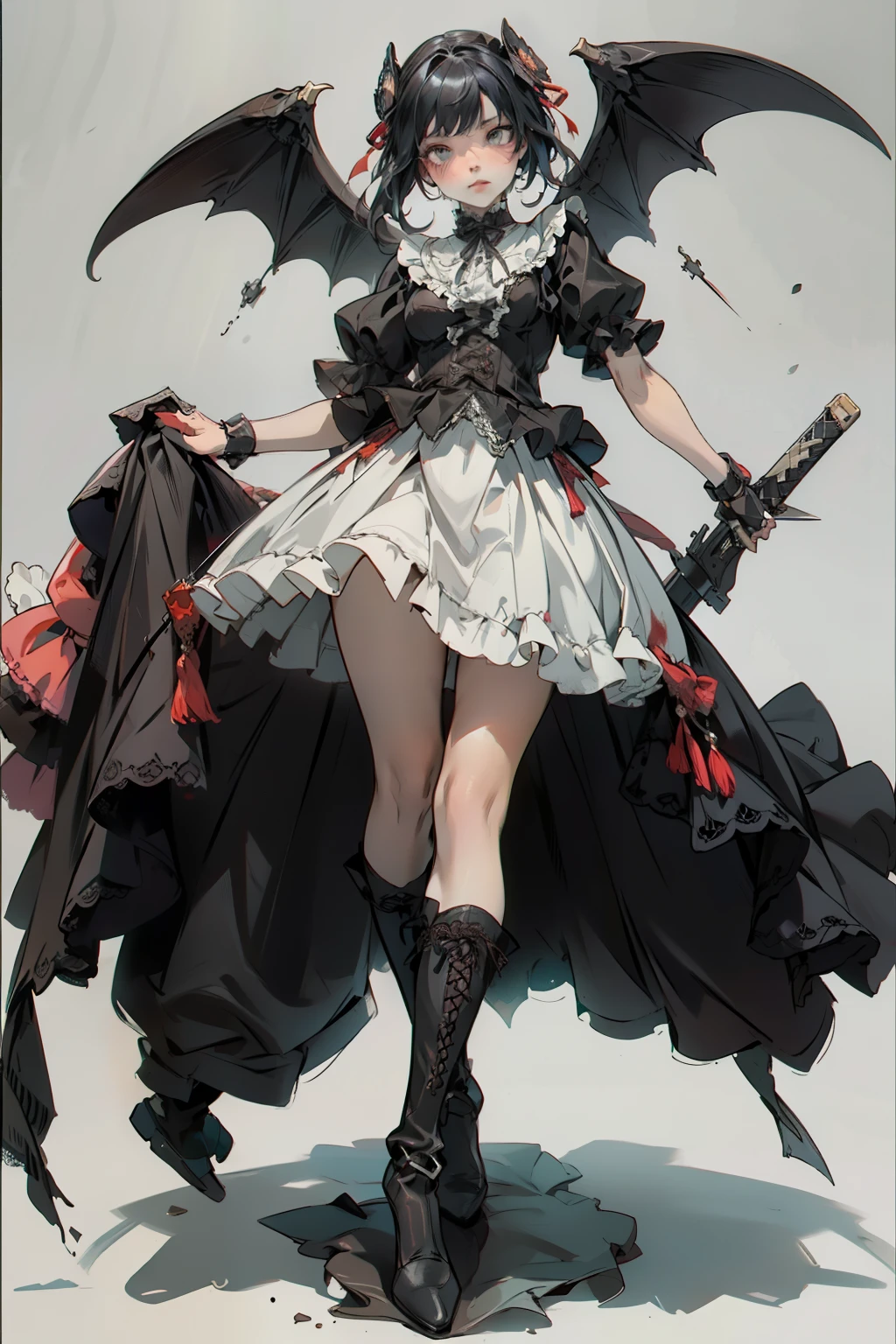 ((best quality)), ((masterpiece)), (detailed), blank white background, plain background, white background, red and white clothing, Bloodborne inspired, occult aesthetic, occult, detailed and intricate steampunk and detailed gothic, NSFW, Very dramatic and cinematic lighting, cosmic horror, grim-dark, side-lighting, perfect face, NSFW, Fluttering lace flared long knee length dress with frilly petticoats, knee length dress, pleated petticoats, lolita dress, petticoats gothic lolita, complex lace boots, side-lighting, gothic lolita aesthetic, wielding a mighty sword, carbine, NSFW, beautiful small breasts, small breasts, full body, whole body, body, plain background, white background, blank background, no background, white background NSFW, full body, whole body, head-to-toe NSFW