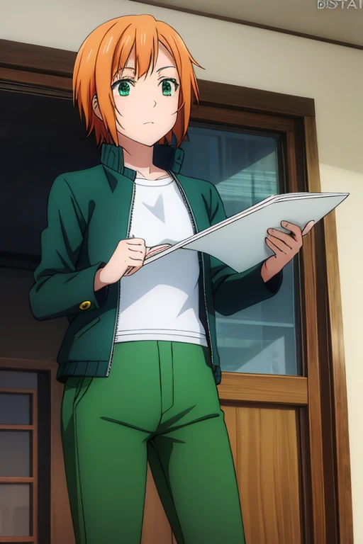 anime, detailed,short orange hair, green eyes, dark green pants, his green gakuran jacket