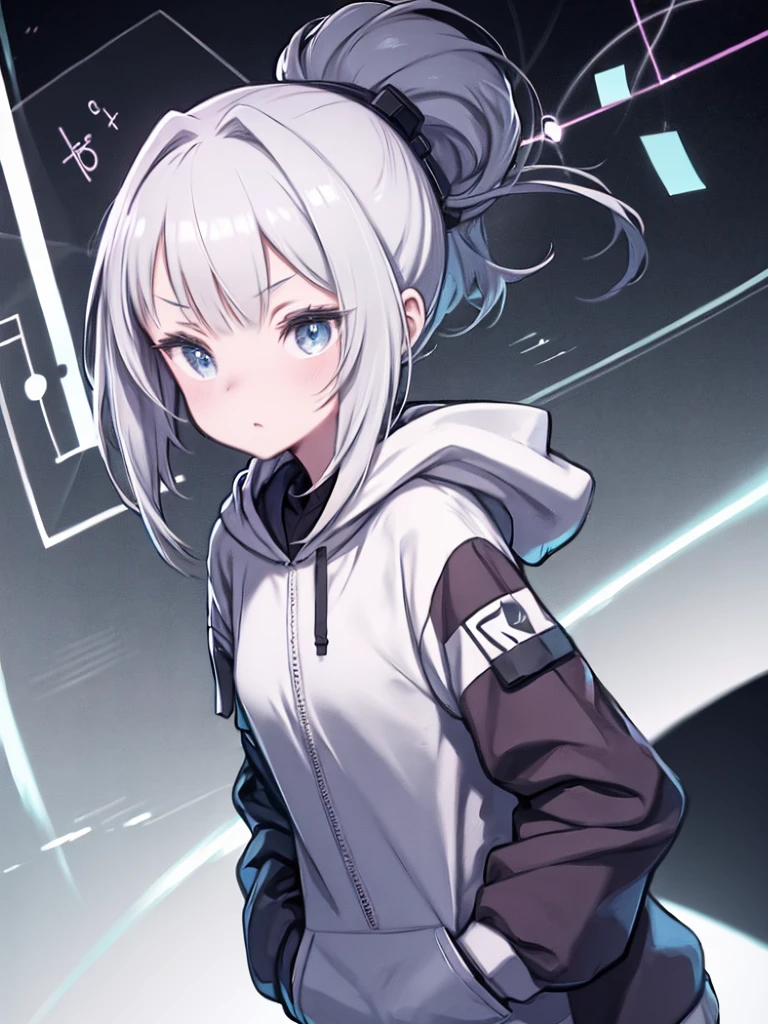 wallpaper, 8k, Rich details, ((Masseter muscle area)), ((masterpiece)), ((Abstract)), (electro-cardiogram), (One Girl:-1), White ponytail, (The girl on the right side of the screen), (Put your hands in your pockets)), Quadratic equation, hoodie, Floating simple geometric shapes, (technology: 0.2), Lonely
