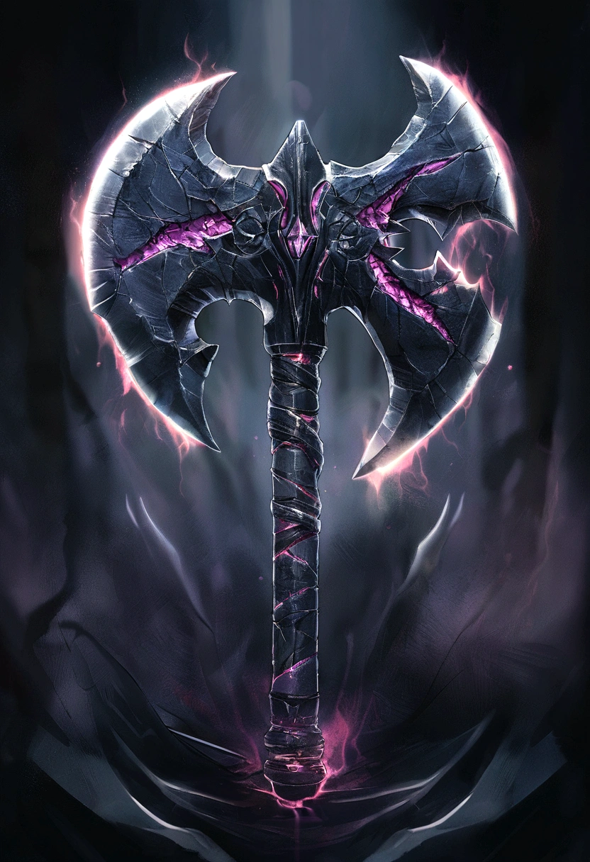 A stunningly detailed high-definition illustration of a cursed battle axe. The axe is made of black material, with deep purple glowing from its intricate cracks. The overall design is highly detailed, showcasing the weapon's dark and sinister nature. The background is dimly lit, with a mysterious atmosphere that evokes a sense of power and danger. The axe itself seems to emit a dark aura, as if it holds a secret that is waiting to be revealed., illustration