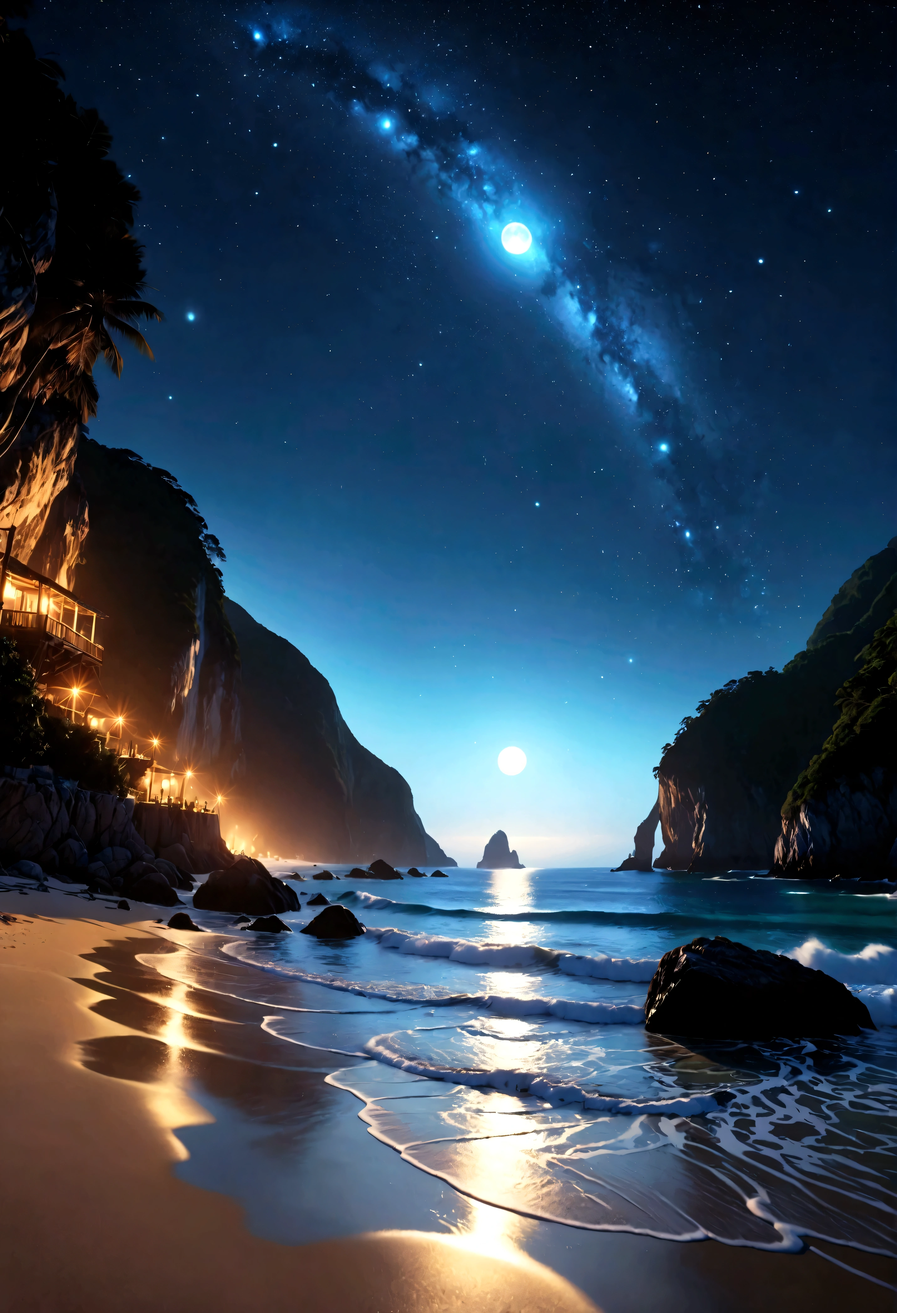 ((Masterpiece in maximum 16K resolution):1.6),((soft_color_photograpy:)1.5), ((Ultra-Detailed):1.4),((Movie-like still images and dynamic angles):1.3), ((Ultra wide angle):1.5),((fisheye lens photo):1.3). | (Cinematic photo of Beautiful Glowing Blue Beach Landscape), (Nearby Moons with visible ocean), (majestic ocean), ((tyndall effect):1.1), ((exotic night sky):1.2), ((sense of discovery):1.1), (shimmer), (visual experience), (Realism), (Realistic), award-winning graphics, dark shot, film grain, extremely detailed, Digital Art, rtx, Unreal Engine, scene concept anti glare effect, All captured with sharp focus. Rendered in ultra-high definition with UHD and retina quality, this masterpiece ensures super detail. With a focus on high quality and accuracy, this award-winning portrayal captures every nuance in stunning 16k resolution, immersing viewers in its lifelike depiction. ((perfect_composition, perfect_design, perfect_layout, perfect_detail, ultra_detailed)), ((enhance_all, fix_everything)), More Detail, Enhance.
