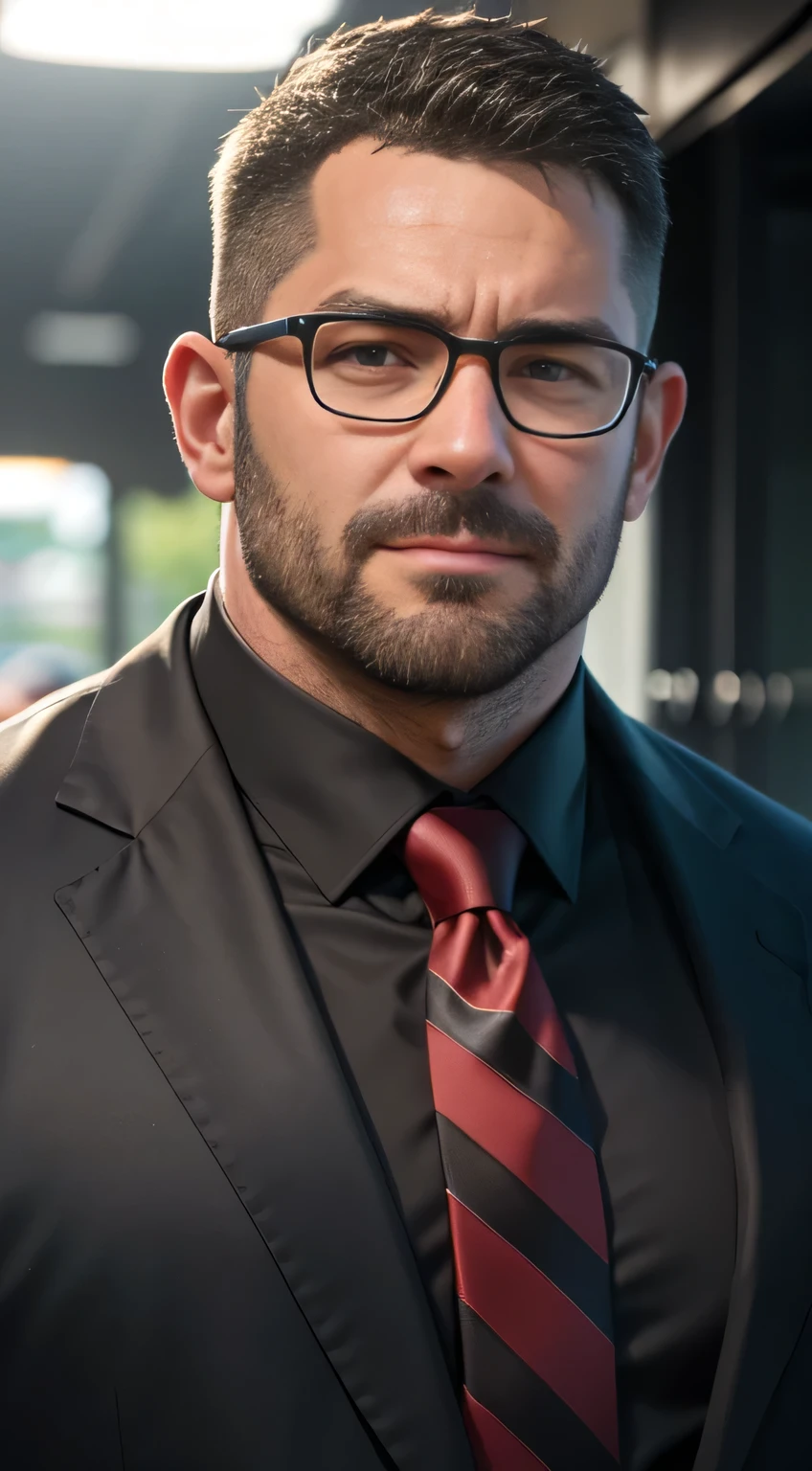 An award-winning original photo，A wild muscular man, (40 years old daddy:1.1), 1boy, Solo, (black suit), (white dress shirt), (red print necktie), (big shoulders), musculature, stubbles, Short beard, squinting eyes under the sunlight:1.3, ), (Detailed face:1.3), wearing glasses, smiles, Dynamic Angle, volumetric lighting, (Best quality, A high resolution, Photorealistic), Cinematic lighting, Masterpiece, RAW photo, Intricate details, hdr, depth of field, upper body shot