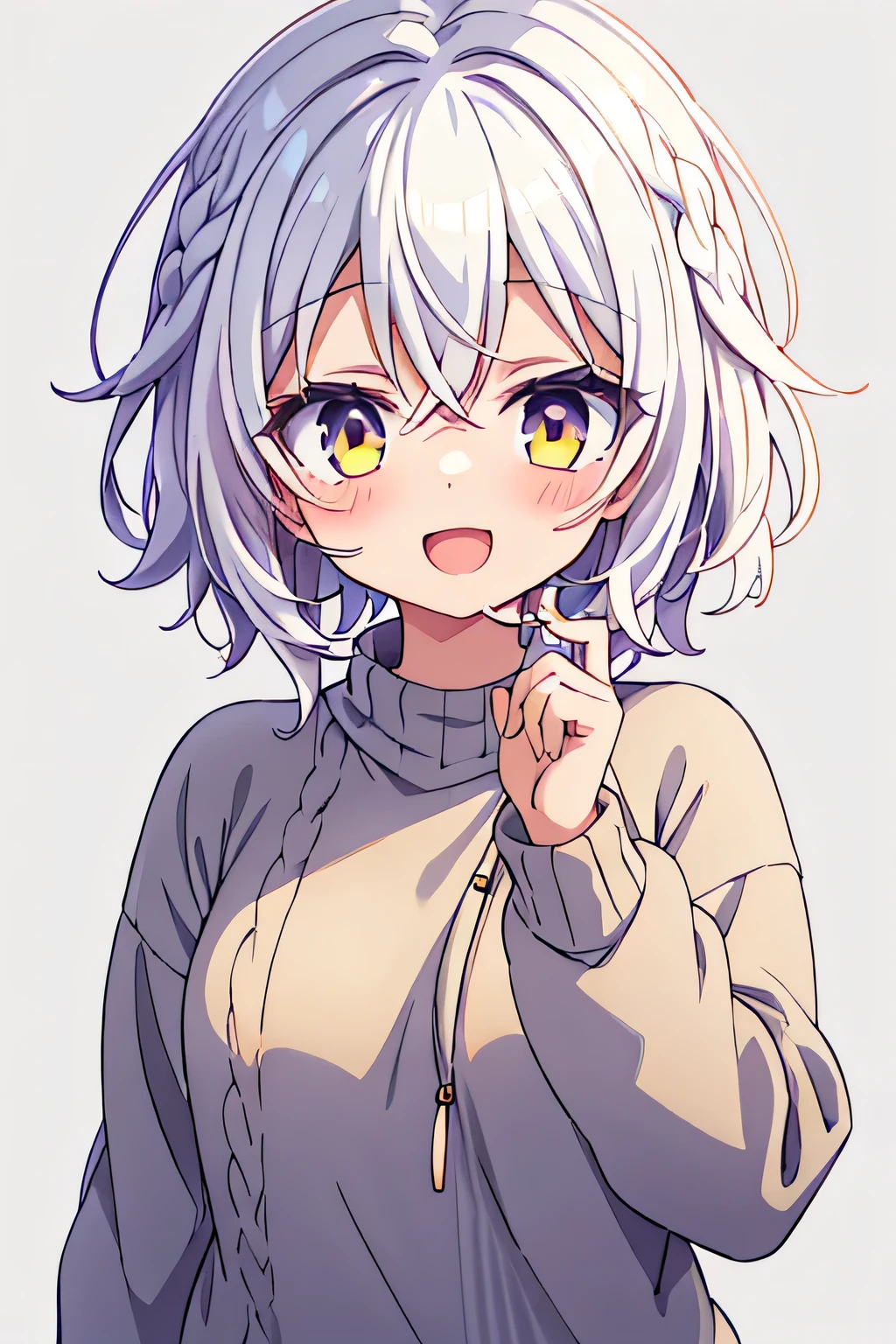 lolli, cute anime girl, white hair, golden eyes, short hair, braided hair on the right side, messy hair, blushing, smile, open mouth, only wearing black sweater, wink eyes