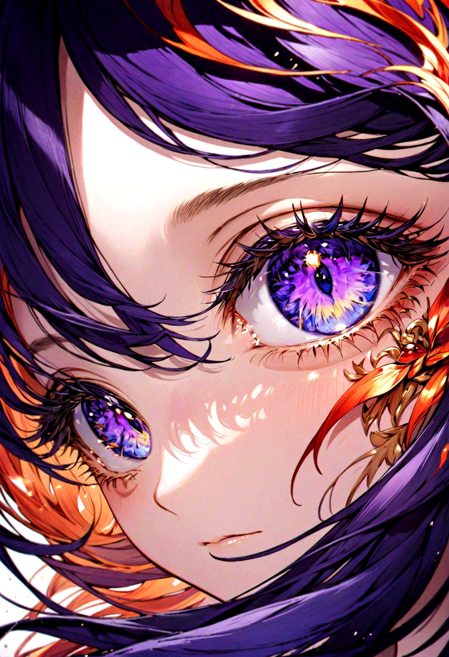 Eye close-up,Contact lenses with patterns,Flame-patterned pupils,Bright purple iris,Indigo Flood,Vivid eyelashes