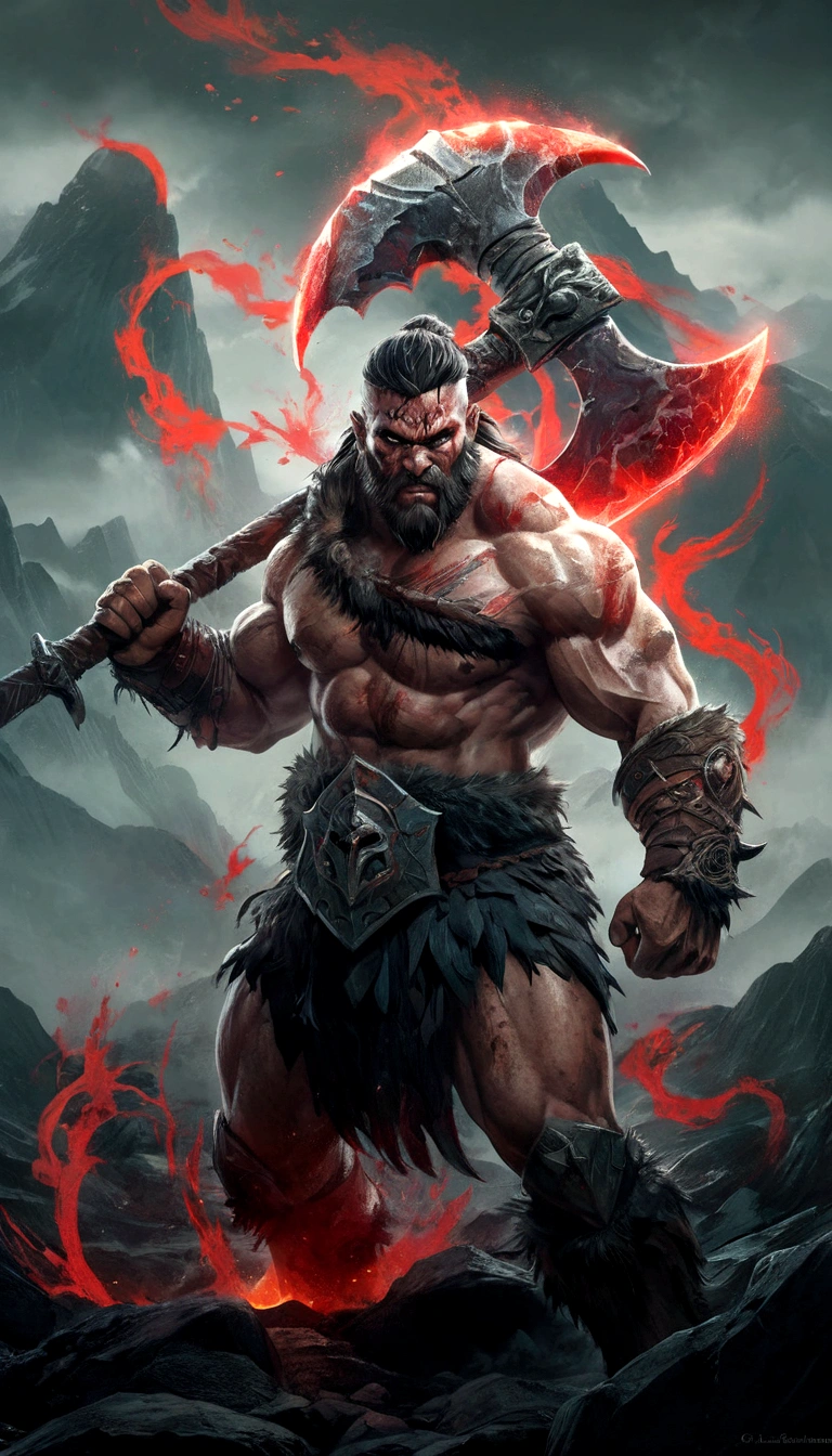 A striking fantasy illustration of a muscular barbarian warrior, adorned with numerous battle scars that cover his chiseled body. He wields a massive battle axe that emits a powerful red Berserker aura, enveloping him in a menacing yet captivating presence. The background reveals an eerie, foggy landscape with looming, ominous mountains, setting the stage for an intense battle. The highly detailed and high-definition artwork showcases the power and resilience of this fierce warrior., illustration
