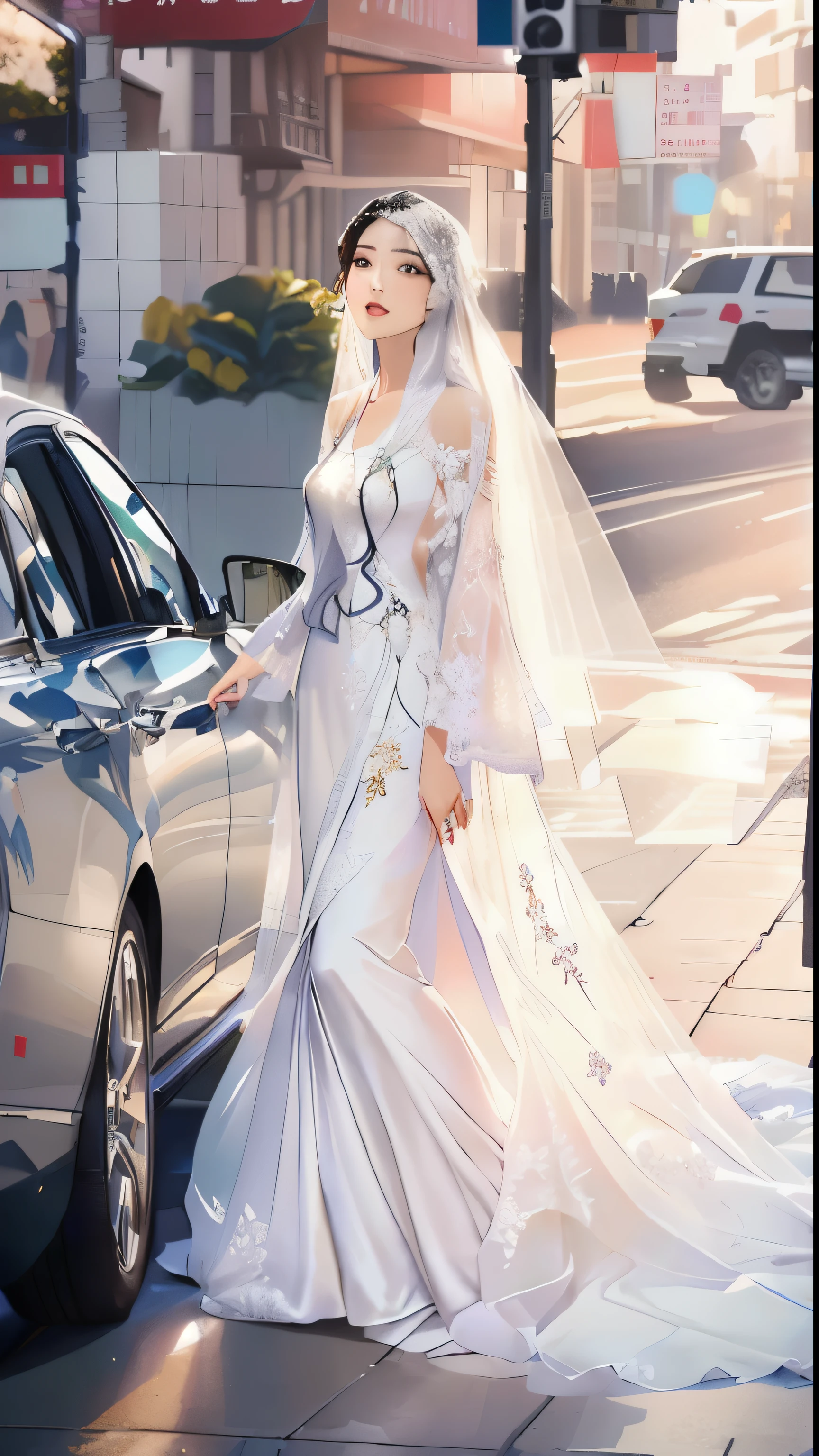 In the city,The bride got out of the car wearing a veil, Beautiful woman,Exquisite facial features,dressed beautiful dress, wearing wedding dress, Wearing a robe, Wearing an elegant dress, Wear elegant clothing, Ao Dai, Wearing fancy clothes, Beautiful wedding dress, Wearing an organza robe, beautiful dress, Wearing beautiful clothes, Elegant fashion model, Elegant posture, Flowing robe, exquisite detail perfect