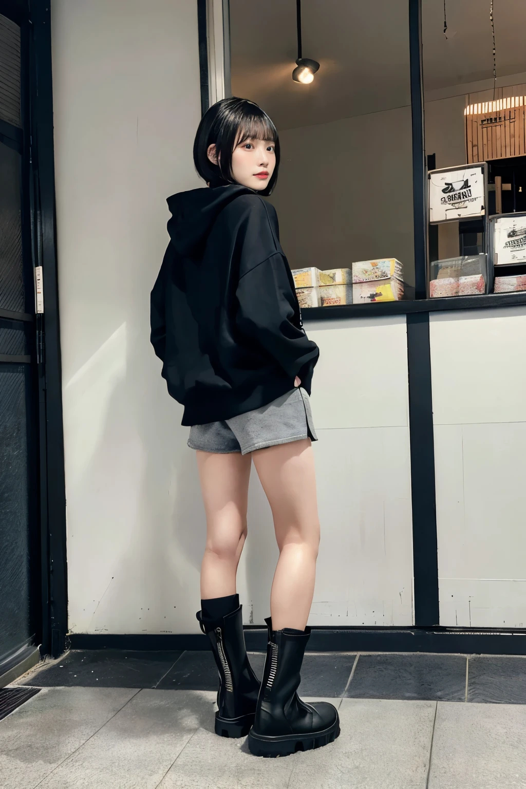 One girl、black hair、short hair、Logo hoodie（gray）、hot pants（black）、boots with buckles（black）、indoor、Earthen floor、Showa Retro、Mom-and-pop candy store、display shed、Select a product、Are standing、Back view、Composition from below