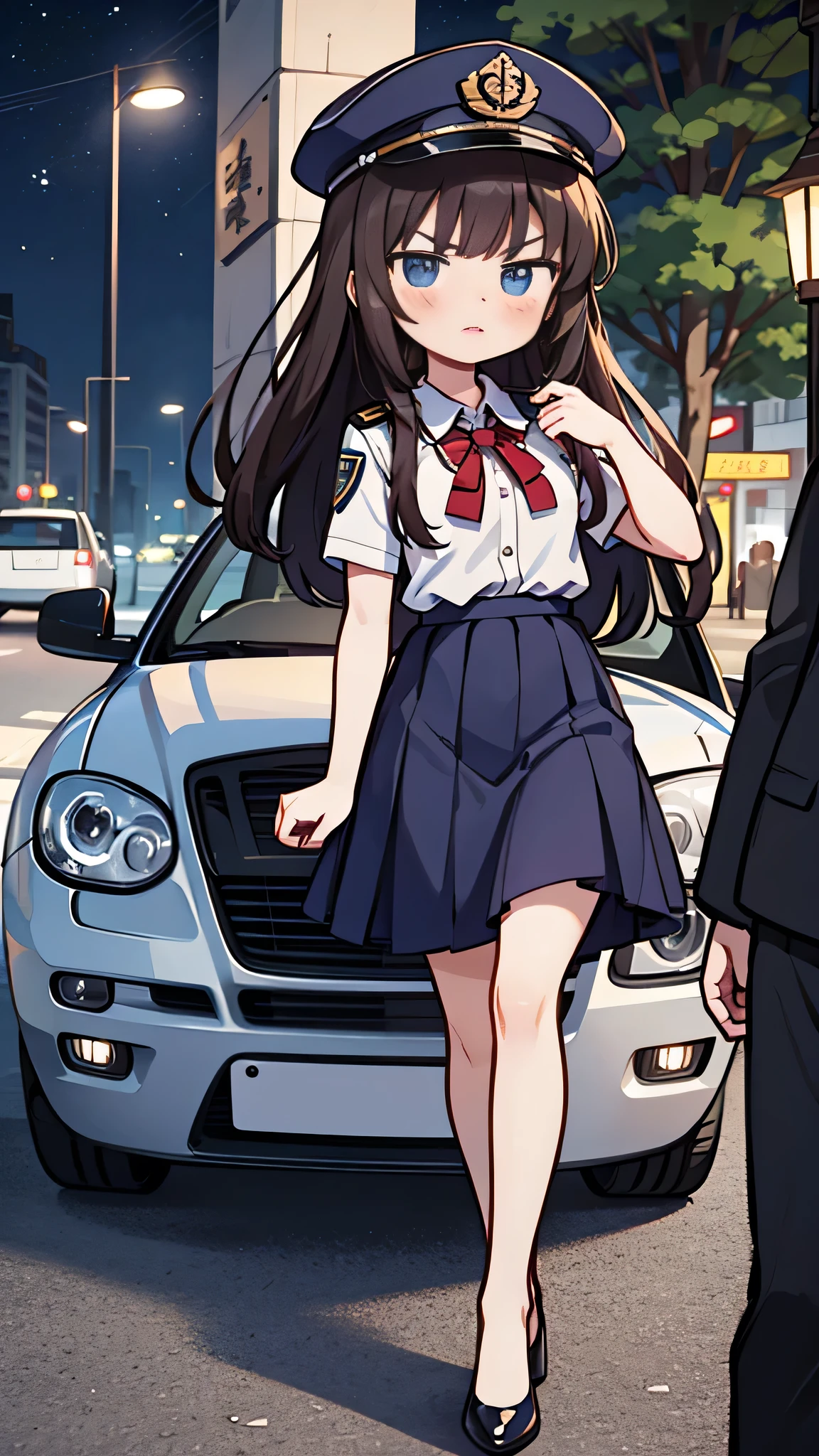 masterpiece, {highest quality], [Super beautiful], [Ultra fine], [Best illustration],Brown Hair, Hime cut, Long Hair, With bangs, girl, Uniform cap,Security uniform, Angry face, blush, Slender women, Straight Skirt, Standing posture, （Public）Night Park, diagonal, From diagonal, Bare feet and pumps, Plain black pumps,Cross your legs,Luxury car behind