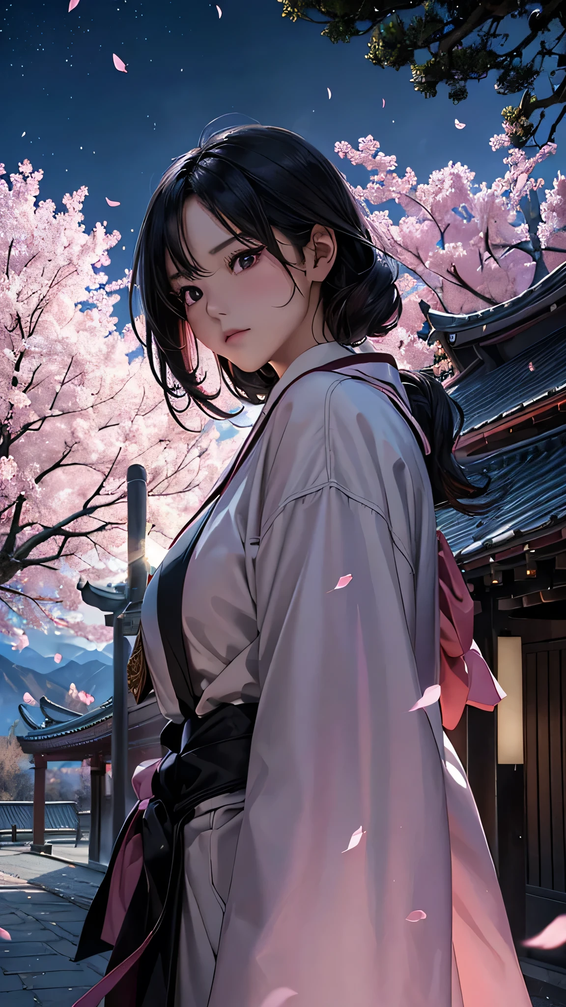 (best quality, masterpiece),(1girl, miko, coat, expression face, black eyes, looking at front ,black hair, walking, upper body), (night strray sky, huge old tree behind, falling glowing pink petals behind, shrine behind, mountain background, blowing wind, meteoric cloud),20 years