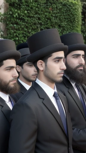 group of Young  haredi men,  gathered together, focus on the characters' faces, characters
