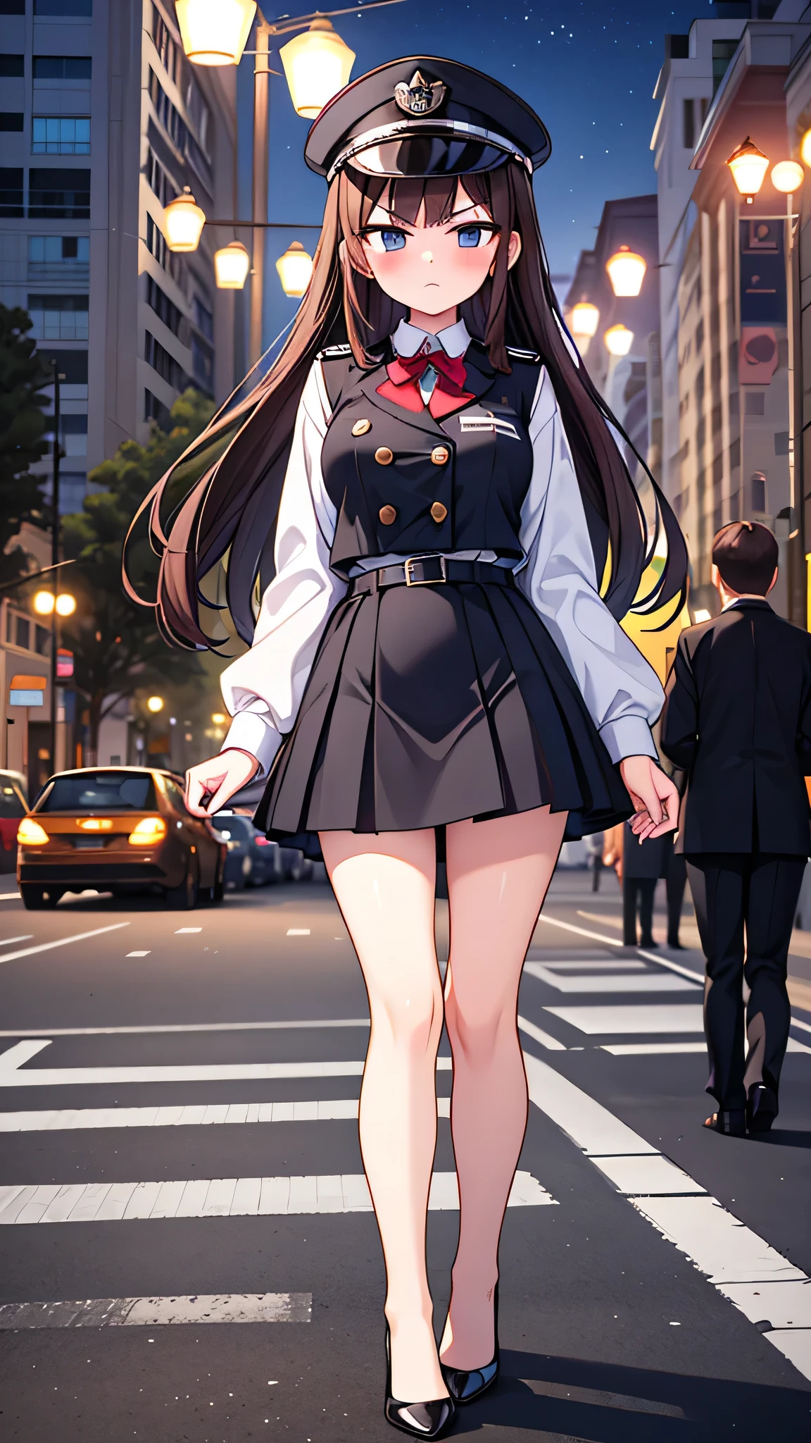 masterpiece, {highest quality], [Super beautiful], [Ultra fine], [Best illustration],Brown Hair, Hime cut, Long Hair, With bangs, girl, Uniform cap,Security uniform, Angry face, blush, Slender women, Straight Skirt, Standing posture, （Public）Night Park, diagonal, From diagonal, Bare feet and pumps, Plain black pumps,Cross your legs,Luxury car behind