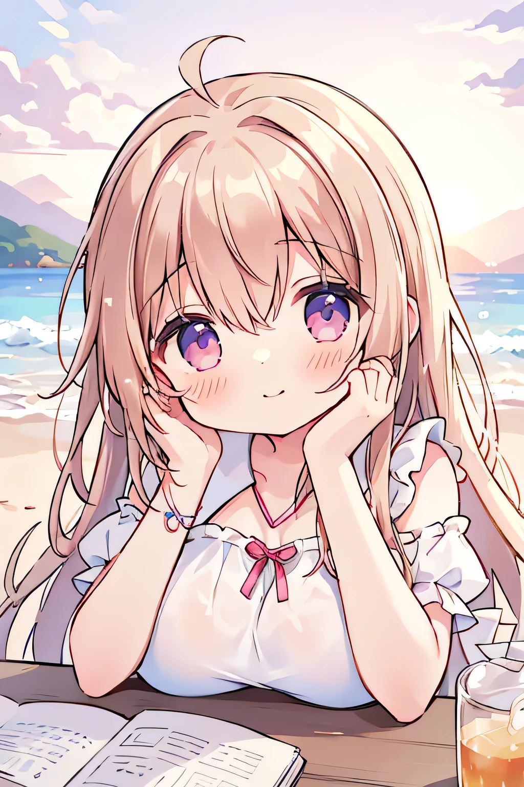 highest quality、High resolution、Detailed Background、(Detailed eyes:1.2)、Teenage beauty、(Highly detailed face:1.4)、(Huge breasts:1.1)、Cute hair color、Cute hairstyle、
At dusk、A young girl is seen taking a walk with her dog, who plays on the beach.。Looking up at the red sky、The sight of her happily running around with her dog、It truly represents the comfort of summer.。
These、A girl enjoying summer in nature、Innocent and adorable、It makes me feel the coming of summer.。An innocent smile、Full of concentration、Relaxed Rest、And fun times with dogs。Truly a summer experience、A lovely view unfolds。