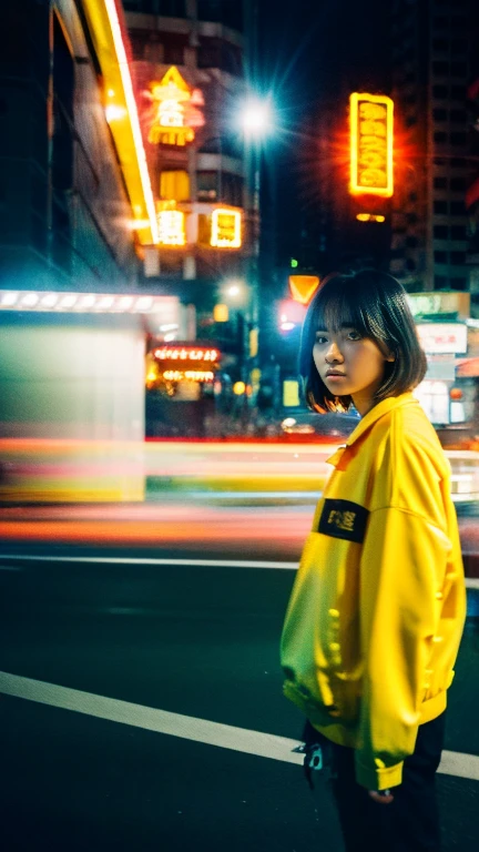 Masterpiece, (best quality:1.4), ultra high res, master photography, professional color grading, depth of fields, rule of third, 50mm, film grain, (photorealistic:1.4), cinematic lighting, chromatic abberation, 1girl, short hair, wearing oversized jacket, streetwear, hypebeast, detailed face, detailed eyes, squat, looking at viewer, front view, cowboy shot, Hong Kong street background, night, city light, blurry background, sfw