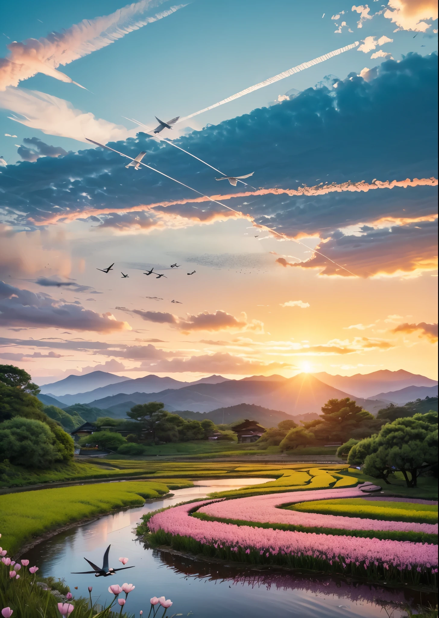 Orange burnt sky and clouds、A single contrail、flying birds
