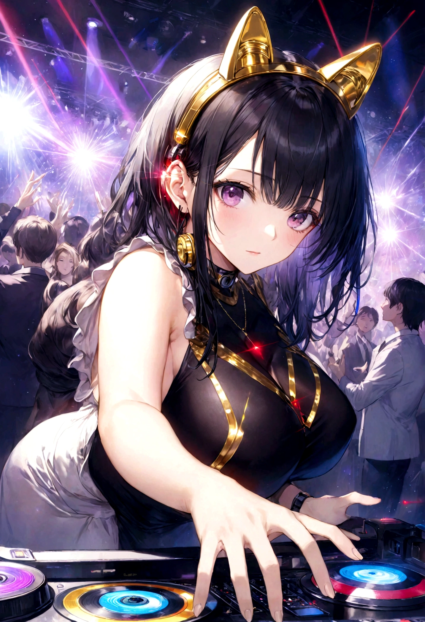 ,Put on your headphones,(Black Hair Girl),,Big Breasts,DJ,DJ Booth、Riding the music、club、((Night Live House、Red laser light、Blue laser light、random laser point、Virtual space、Golden laser beam、Purple laser light、DJ、Live Stage))、Five fingers