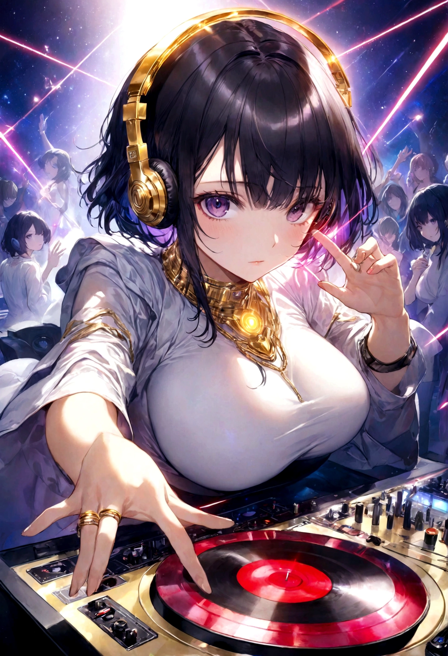 ,Put on your headphones,(Black Hair Girl),,Big Breasts,DJ,DJ Booth、Riding the music、club、((Night Live House、Red laser light、Blue laser light、random laser point、Virtual space、Golden laser beam、Purple laser light、DJ、Live Stage))、Five fingers