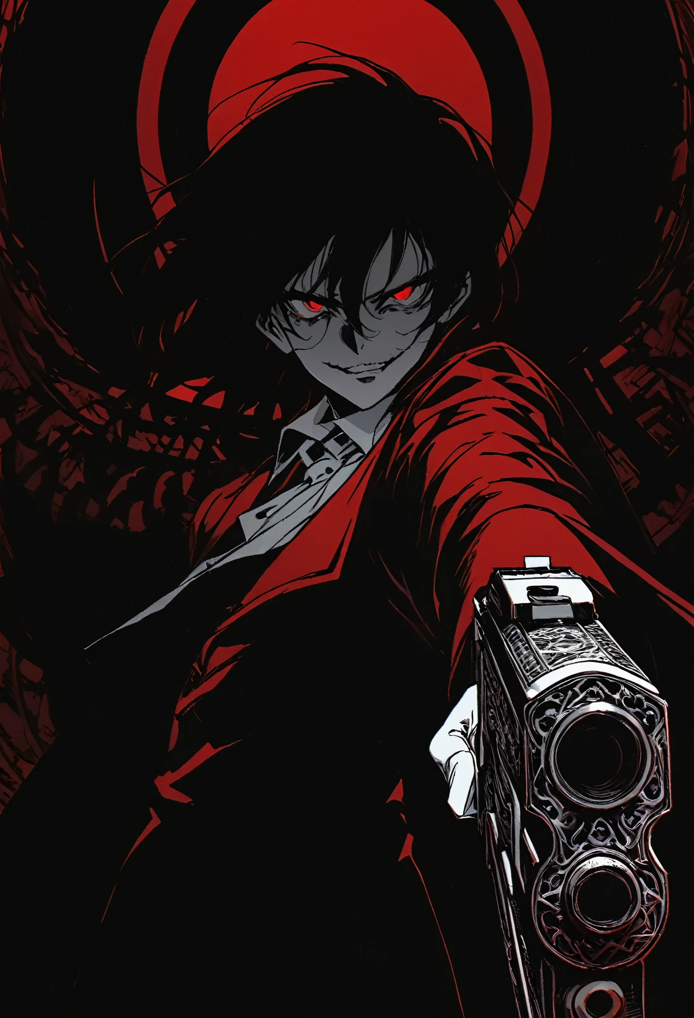 Alucard from "Hellsing" in close-up, in high quality.  Fisheye effect, focusing the image on the barrels of their distinctive engraved pistols, the Jackal and the Casull, pointing directly at the viewer.  The image shows his iconic red outfit in great detail, with the crimson coat fluttering slightly in the wind, and his white gloves with pentagrams clearly visible.  In the background, his face is clearly seen, with crimson eyes shining with malice and a cynical smile that reveals his sharp fangs.  The atmosphere is dark and oppressive, with high contrast to intensify his aura of terror.((dual weapons))