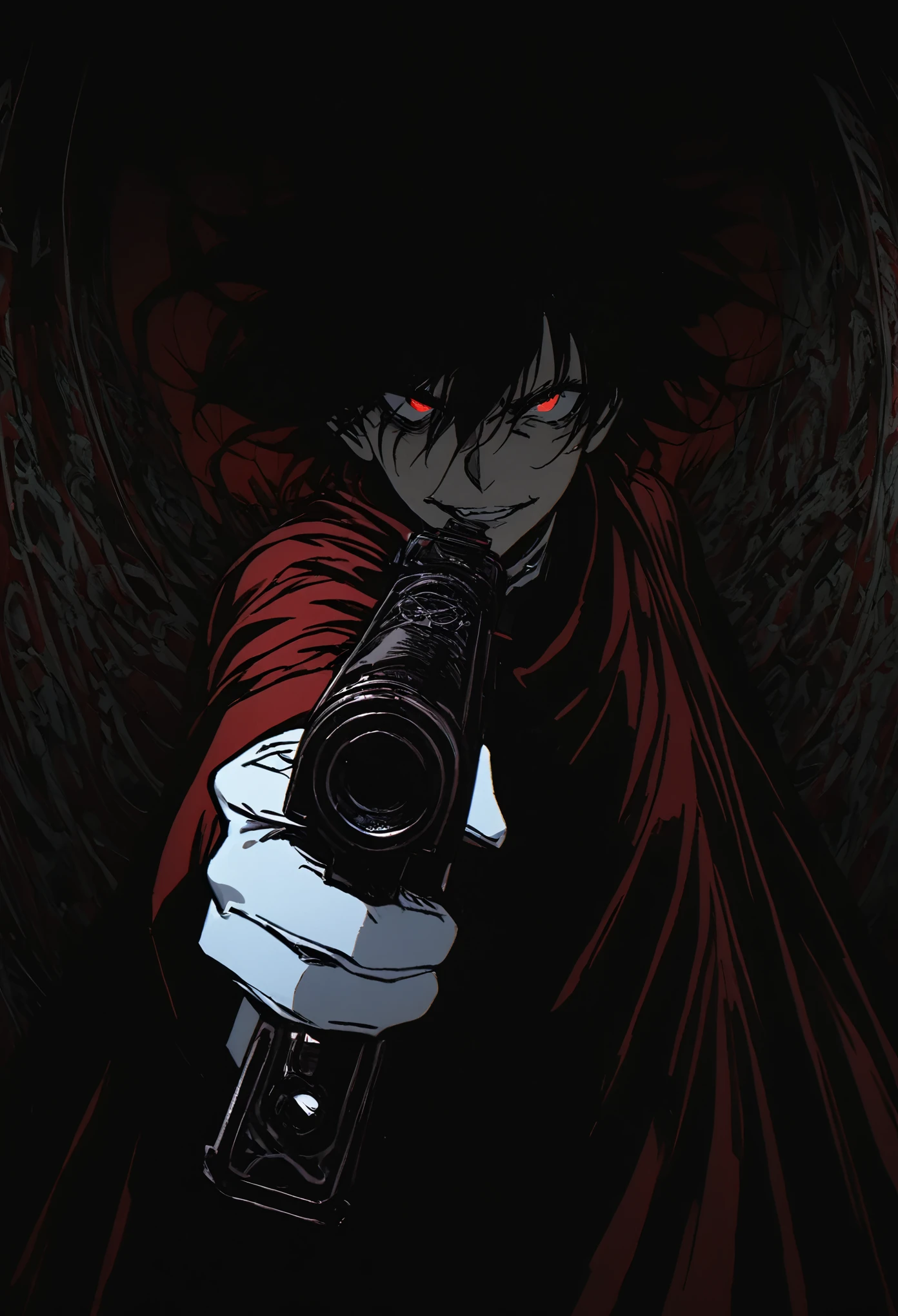 Alucard from "Hellsing" in close-up, in high quality.  Fisheye effect, focusing the image on the barrels of their distinctive engraved pistols, the Jackal and the Casull, pointing directly at the viewer.  The image shows his iconic red outfit in great detail, with the crimson coat fluttering slightly in the wind, and his white gloves with pentagrams clearly visible.  In the background, his face is clearly seen, with crimson eyes shining with malice and a cynical smile that reveals his sharp fangs.  The atmosphere is dark and oppressive, with high contrast to intensify his aura of terror.((dual weapons))