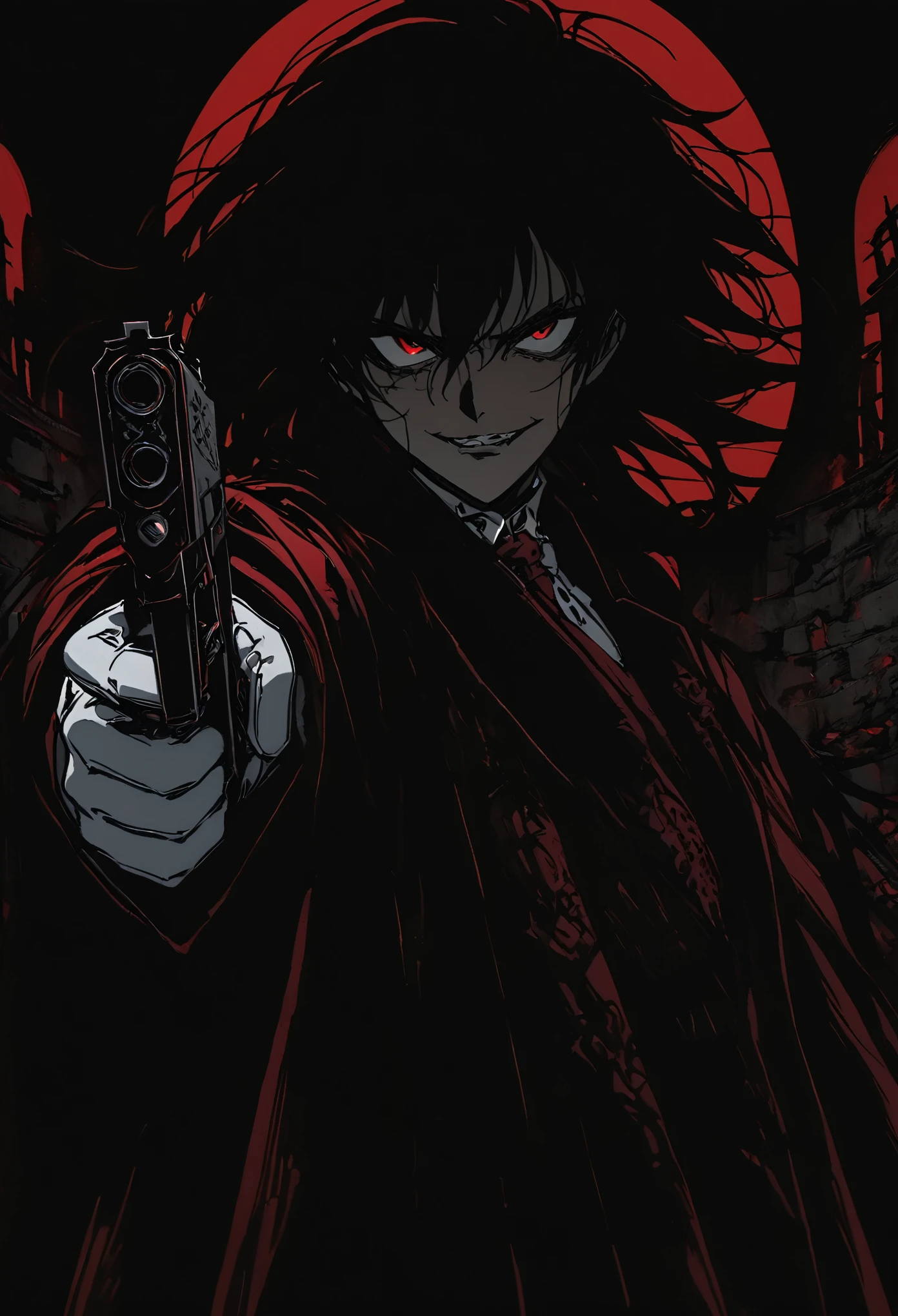 Alucard from "Hellsing" in close-up, in high quality.  Fisheye effect, focusing the image on the barrels of their distinctive engraved pistols, the Jackal and the Casull, pointing directly at the viewer.  The image shows his iconic red outfit in great detail, with the crimson coat fluttering slightly in the wind, and his white gloves with pentagrams clearly visible.  In the background, his face is clearly seen, with crimson eyes shining with malice and a cynical smile that reveals his sharp fangs.  The atmosphere is dark and oppressive, with high contrast to intensify his aura of terror.((dual weapons))