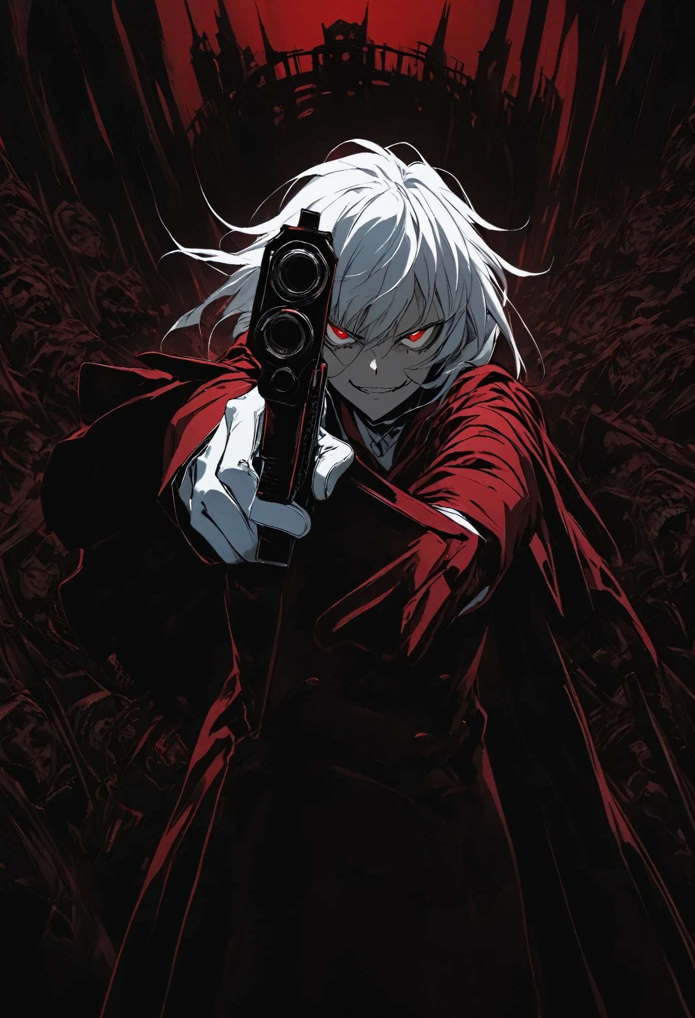 Alucard from "Hellsing" in close-up, in high quality.  Fisheye effect, focusing the image on the barrels of their distinctive engraved pistols, the Jackal and the Casull, pointing directly at the viewer.  The image shows his iconic red outfit in great detail, with the crimson coat fluttering slightly in the wind, and his white gloves with pentagrams clearly visible.  In the background, his face is clearly seen, with crimson eyes shining with malice and a cynical smile that reveals his sharp fangs.  The atmosphere is dark and oppressive, with high contrast to intensify his aura of terror.((dual weapons))