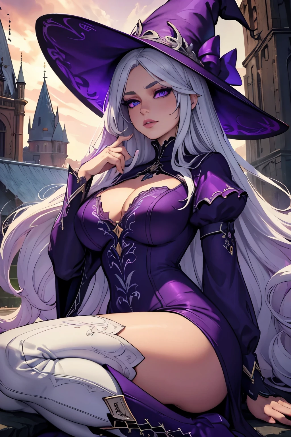 long white hair witch, purple outfit with high boots and hat, castle,  confident, elegant, 1girl, detailed face, beautiful detailed eyes, beautiful detailed lips, extremely detailed eyes and face, long eyelashes, intricate detailed dress, high quality, 8k, detailed, photorealistic, hyper detailed, cinematic lighting,  moody lighting, fantasy, vibrant colors, deep purple