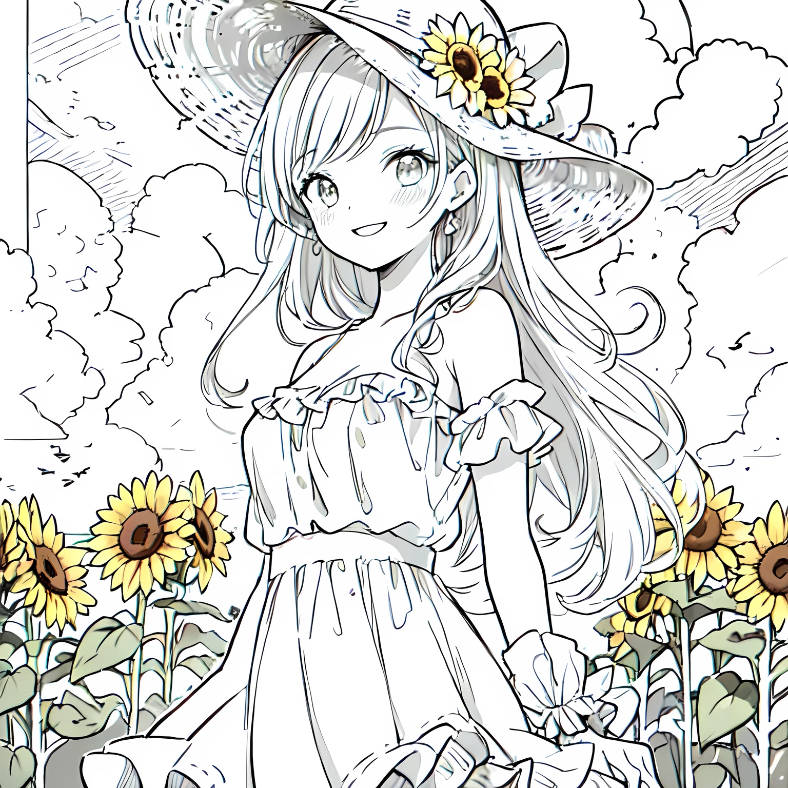 Monochrome Lineart sunflower hair ornament、Monochrome Lineart Sunflower Field、Line art background, background, Monochrome, Line art, ((sketch)),Highest , 2. Colorinochrome、 quality,masterpiece,monochrome,Lineart,single color,Create a detailed coloring page,（masterpiece）、(highest quality)、Beautiful breasts、smile、Coloring book