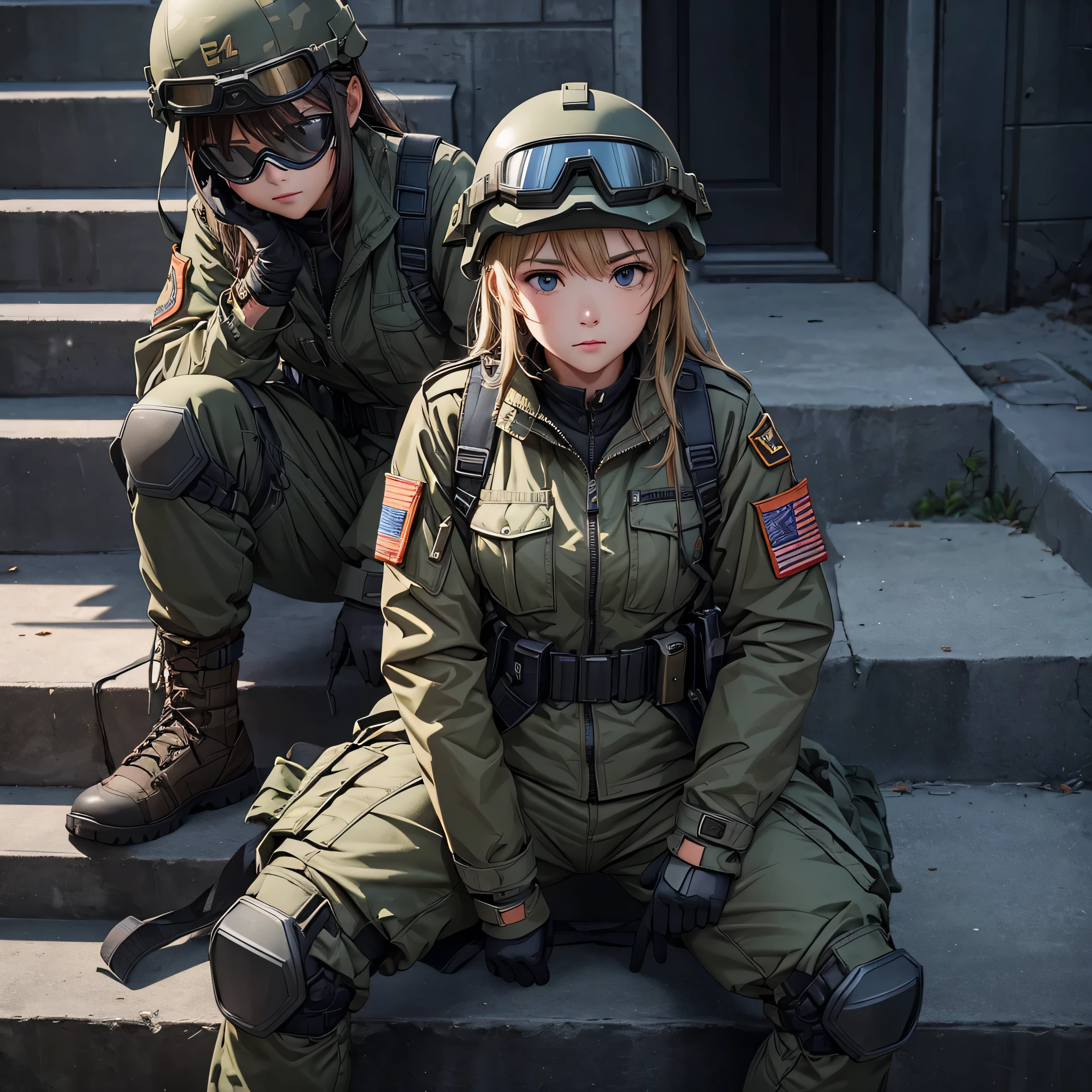 A female soldier wearing an M-51 jacket、front、Wear a steel helmet、Wear goggles、Individual equipment set、Show above thigh、Sit on the stairs、Spread your feet、See the crotch、Write details、masterpiece、best quality、Highly detailed CG、8K picture quality
