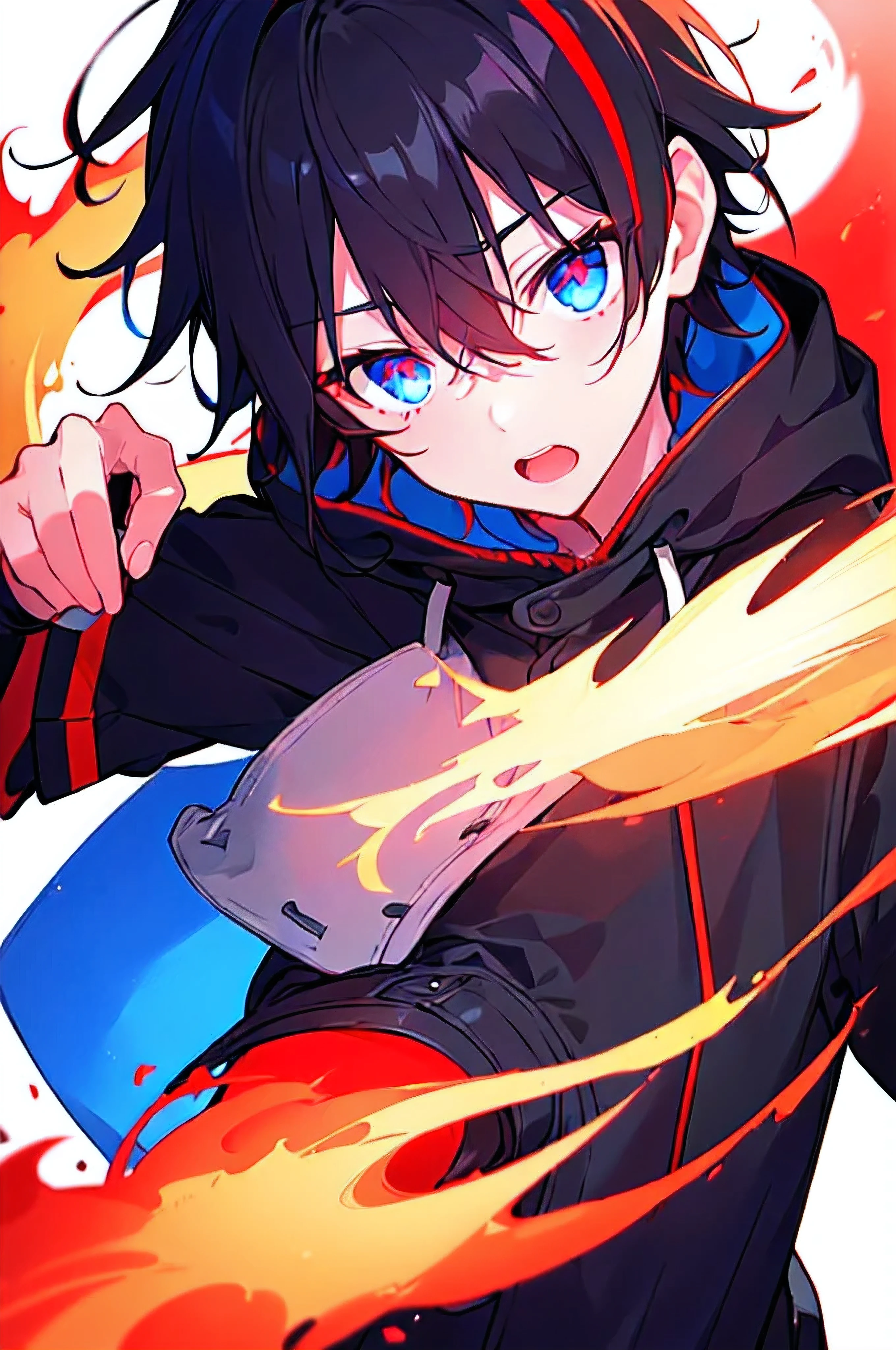 [(WHITE BACKGROUND:1.5),::5], ((((masterpiece)))), high quality, ultra very high resolution, full color, (((solo))), (()), black hair, ((red streaked hair)), blue eyes, anime, ((upper body)), neon light, black parka, (flame effect:1.2)