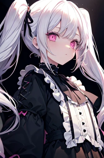 One Girl、White Hair、Hairstyle、Twin tails、Pink eyes、Droopy eyes、Black Gothic Lolita Fashion、whole body、Are standing, white hair, twintails, floating hair, sidelocks, raised eyebrows, tareme, pink eyes, chin grab, disdain, backlighting, from side, UHD, anatomically correct