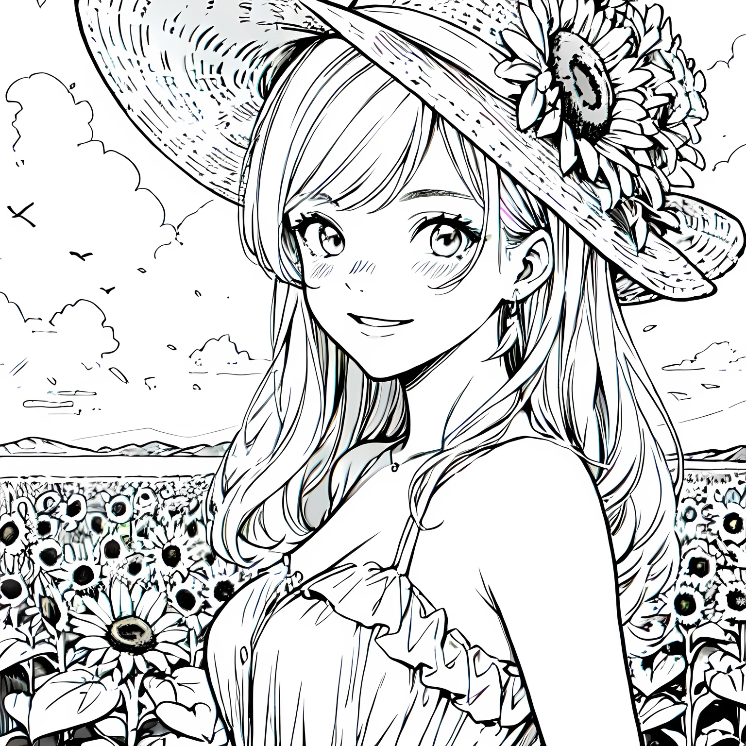 Monochrome Lineart sunflower hair ornament、Monochrome Lineart Sunflower Field、Line art background, background, Monochrome, Line art, ((sketch)),Highest , 2. Colorinochrome、 quality,masterpiece,monochrome,Lineart,single color,Create a detailed coloring page,（masterpiece）、(highest quality)、Beautiful breasts、smile、Coloring book