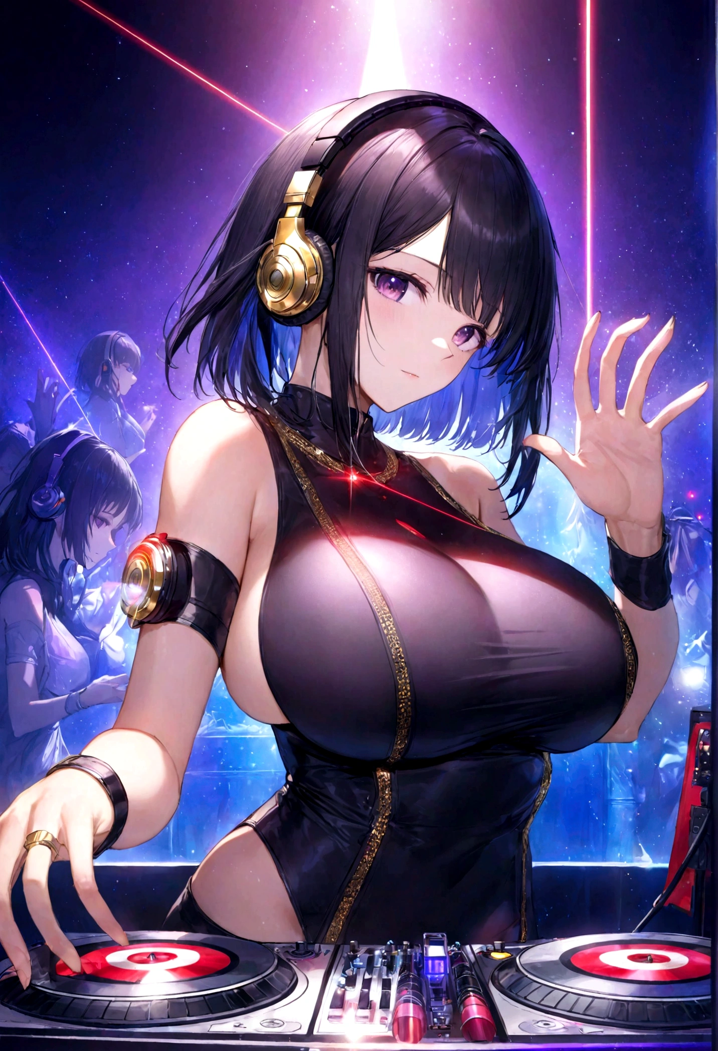 1 girl,Clean hands、Put on your headphones,(Black Hair Girl),,Big Breasts,DJ,DJ Booth、Riding the music、club、((Night Live House、Red laser light、Blue laser light、random laser point、Virtual space、Golden laser beam、Purple laser light、DJ、Live Stage))、Five fingers