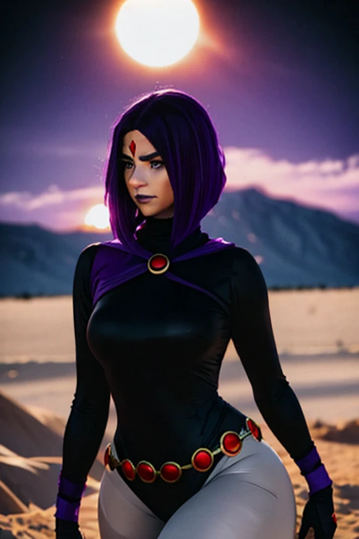 Ravens, 20 years old, purple strapless turtleneck bodysuit, exposed thighs, superhero woman, long gloves, sexy pose, purple hair with bob cut, curvy athletic body, light eyes, look for camera, tender facial expression, face photo, romanticism, sandy desert, stones, night sky, moonlight, rays of light, sensual