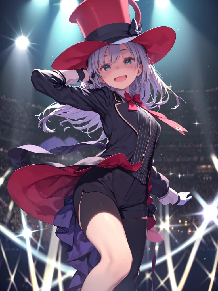 Woman wearing hat and gloves、tuxedo、silk hat、Shorts、tights、magician、Circus、In the spotlight、laughing、Wave to the audience、Angle from below、Sweat、Large crowd、Circusのテントの中、