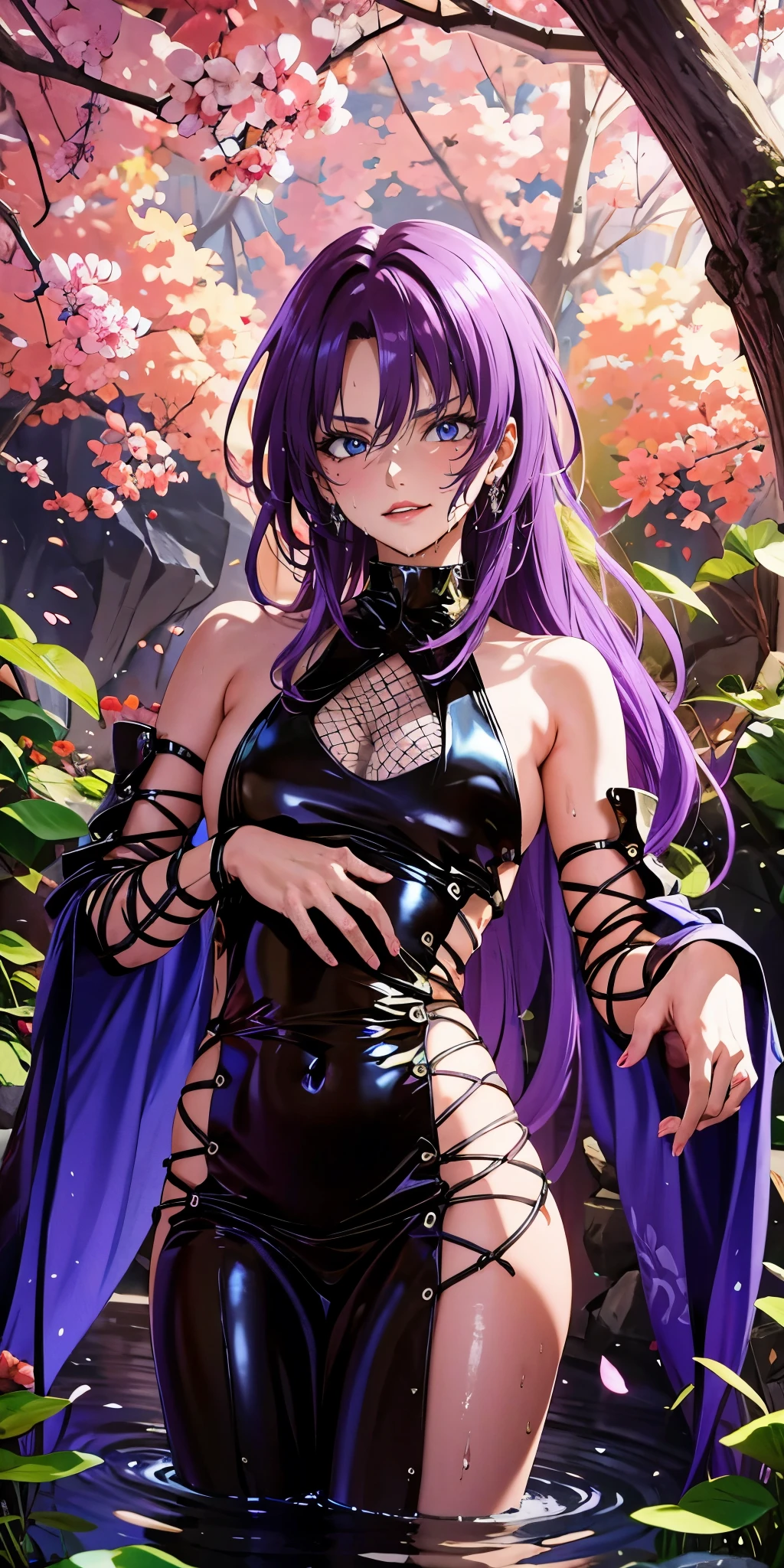 anatomically correct, best quality, masterpiece, high quality, high details, highres, HD, falling petals, water, water drop, wet, sweating, tree, cave, rock, plants, purple hair, long hair, latex dress, sideless outfit, arm guards, latex thighihighs, fishnets, cross-laced clothes, sweating, wet, a woman is standing in the water, a character portrait, pixiv contest winner, anime portrait of a handsome girl, official fanart behance hd, wearing a grey robe, chinese painting style, (shaded face:1.2), hollow eyes, purple eyes, looking at viewer, heavy breathing, smirk, upper teeth, lips,