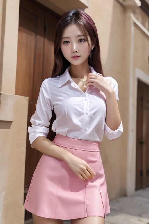 highest quality、masterpiece、High sensitivity、High resolution、Slim Body、Pink mini skirt、white round collar shirt、