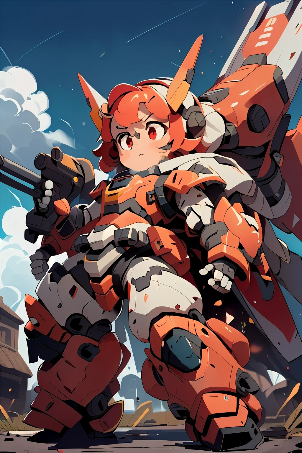 BREAK, ((masterpiece)), (((girl floating in the sky,))) vibrant colors, 8k, best quality, ultra detailed illustration, (large cute face), (short legs:1.2), high resolution, solo, Masterpiece, best quality, Mecha, perfect anatomy, ((from below)), bodysuit, red_eyes , chibi face, short hair, ((headgear)), robot joints, full armor, power armor, becoming a mecha, Fancy background, field, ((full body in frame, over size helm, flying, floating)), dynamic pose, fighting stance, ((low-angle)), ((low-angle view)), ((mechanical parts)), mechanical wings, (mechanical tail), mecha musume, full armor ,mecha musume, (RARS), (HRS), (full armor:2.0), (mecha armor:1.2) , (heroic parts:1.5), (huge shield:1.2), (battle-ready:1.2), (huge cannon:1.2), (huge-jetpack:2), (huger body:1.7), ((red coloring armor)), Heavy armament, heavy equipment, macro, close up, of the face, sharp focus, shining brightly hair, flawless skin textures, shiny oiled skin, extremely detailed anime eyes , extreme light and shadows, glowing eyes, (blue sky), white clouds, BJ_Cute_Mech,mecha musume, mechanical parts, mecha warrior, headgear, robot joints, full armor, becoming a mecha, (looking down:2, grimace)