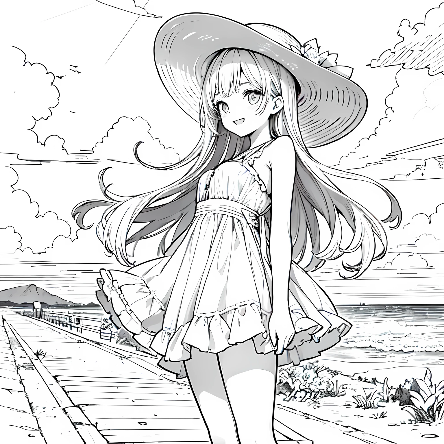 Line art background, background, Monochrome, Line art, ((sketch)),Highest , 2. Colorinochrome、 quality,masterpiece,monochrome,Lineart,single color,Create a detailed coloring page,（masterpiece）、(highest quality)、Beautiful breasts、Create a detailed coloring page of amazing beaches、Looking up from below,smile,barefoot、Big hat、summer、Cool dress、Create a detailed coloring page of Some Small Clouds Floating,Drawing with lines only、