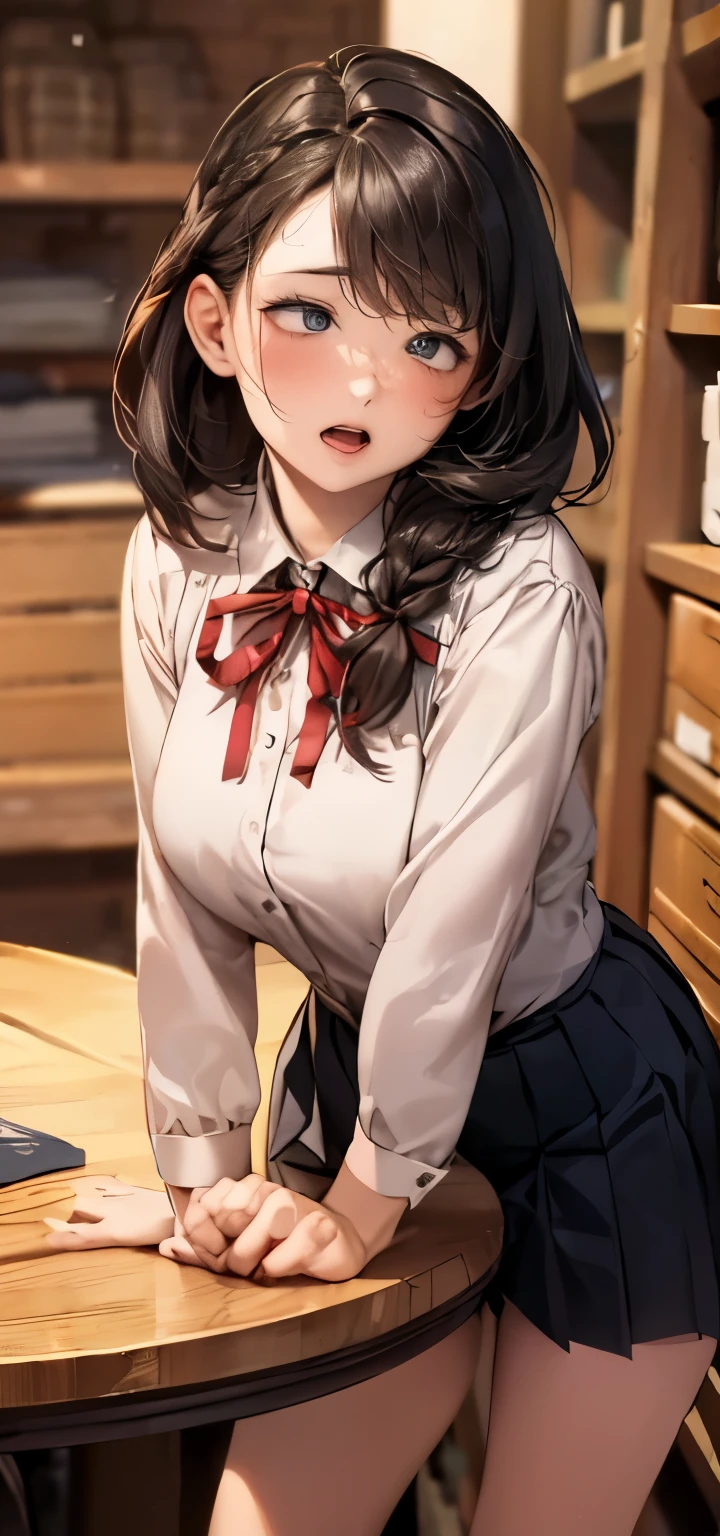 a woman, drooping eyes, eyes realistic sizing, pleated skirt, (((round face, blush))), ((table corner is hit her crotch)), (precise depiction of (pubic hair) and panties), ribbon, (stylish glasses, braid), (dim old storeroom),