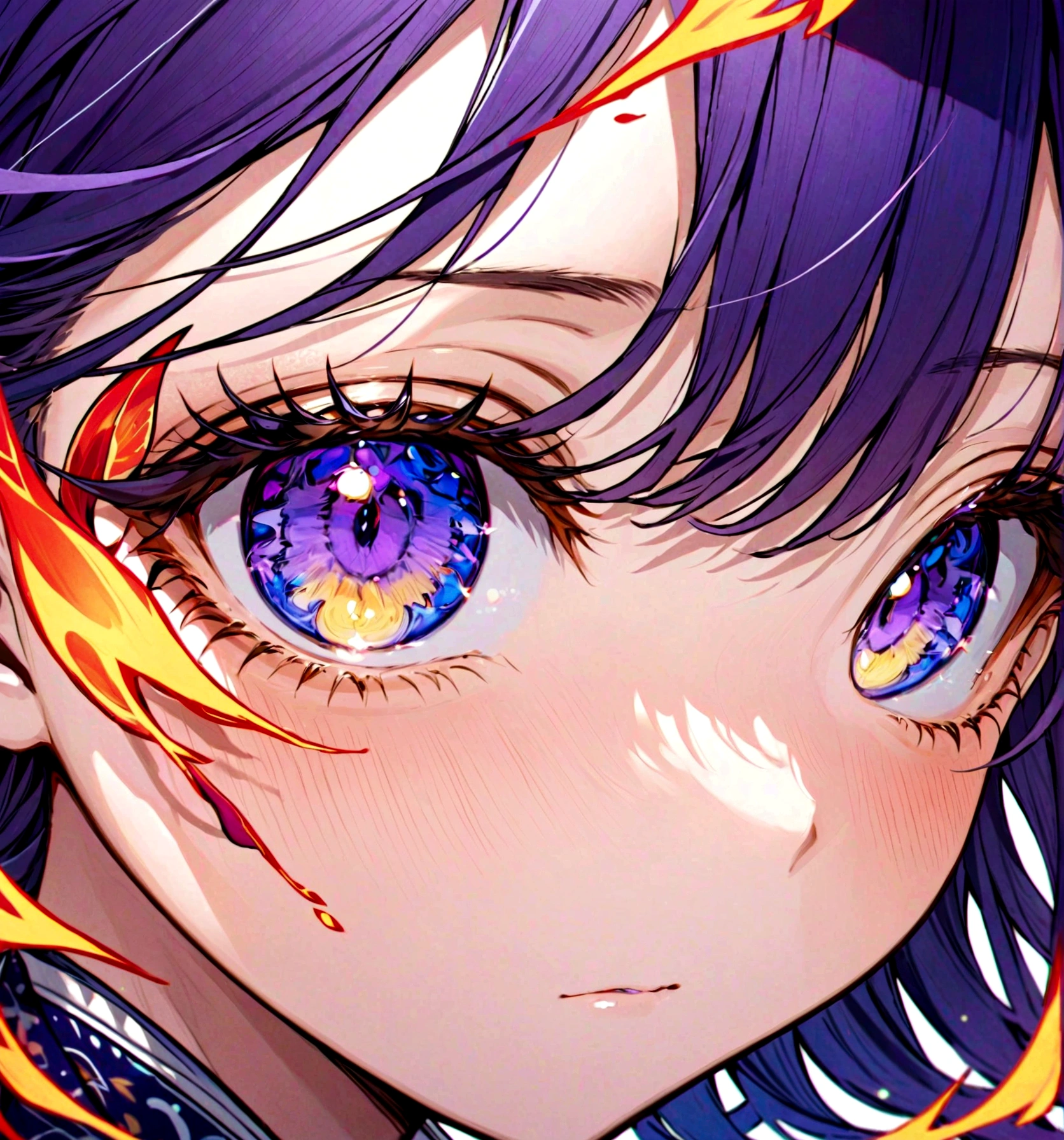 Beautiful Japanese anime eyes close-up,Style of pixiv artist Tsune,Contact lenses with patterns,Flame-patterned pupils,Bright purple iris,Indigo Flood,Vivid eyelashes