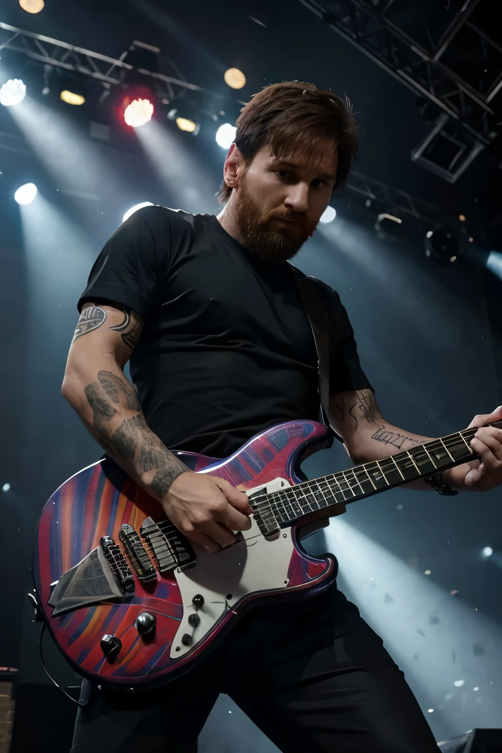 Lionel Messi with short hair and a beard is playing music at a rock concert at night. He is on stage with electric guitars and drums in the background, vibrant stage lights in various colors, and a crowd cheering. The atmosphere is energetic with a dark night sky visible beyond the stage lighting.
