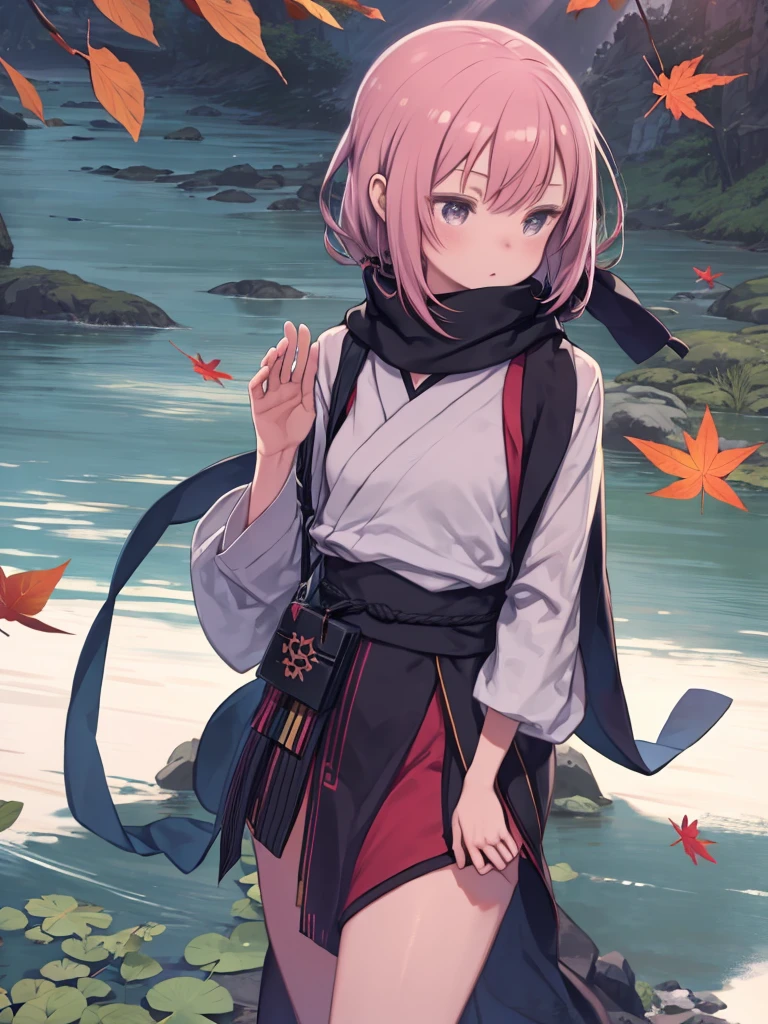 One girl, alone, whole body, fujibayashi suzu, scarf, Shoulder belt, Fantasy story, Ninja, Join hands in prayer, river, Wind, (Many leaves are falling:1.3)